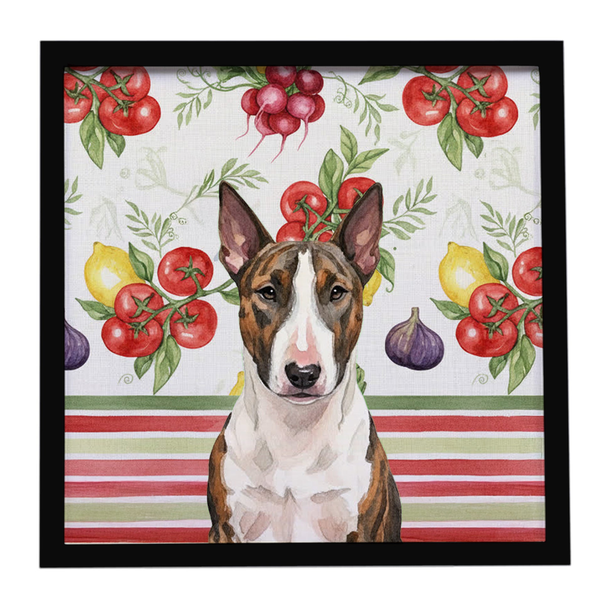 Buy this Brindle and White Bull Terrier Vegetables Framed Metal Print