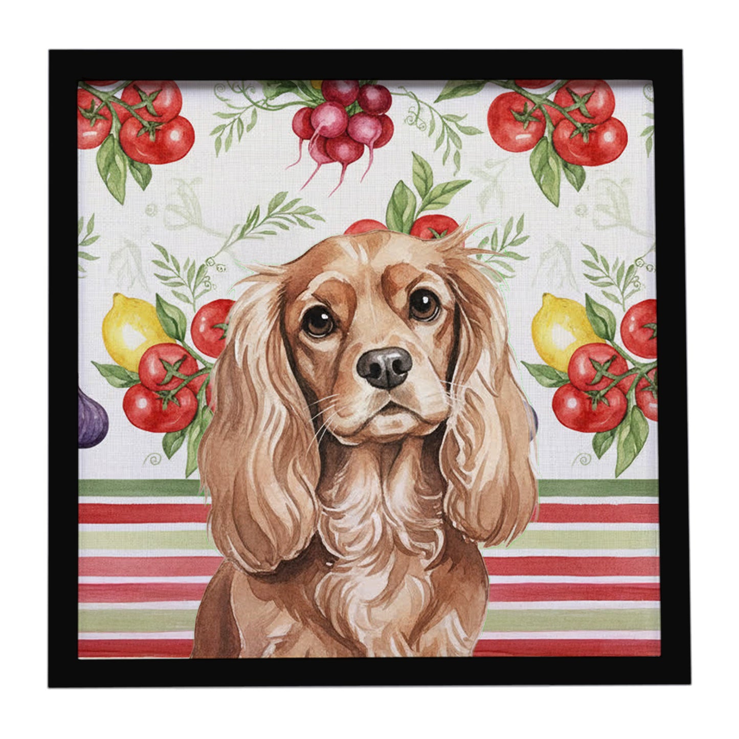 Buy this Ruby Cavalier Spaniel Vegetables Framed Metal Print