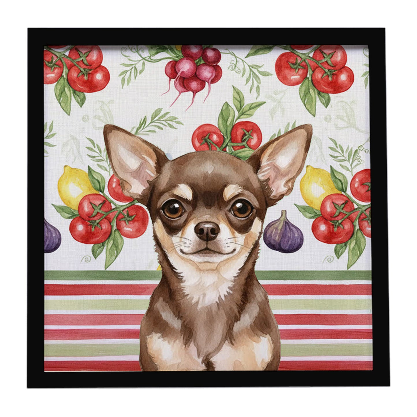 Buy this Chocolate Chihuahua Vegetables Framed Metal Print