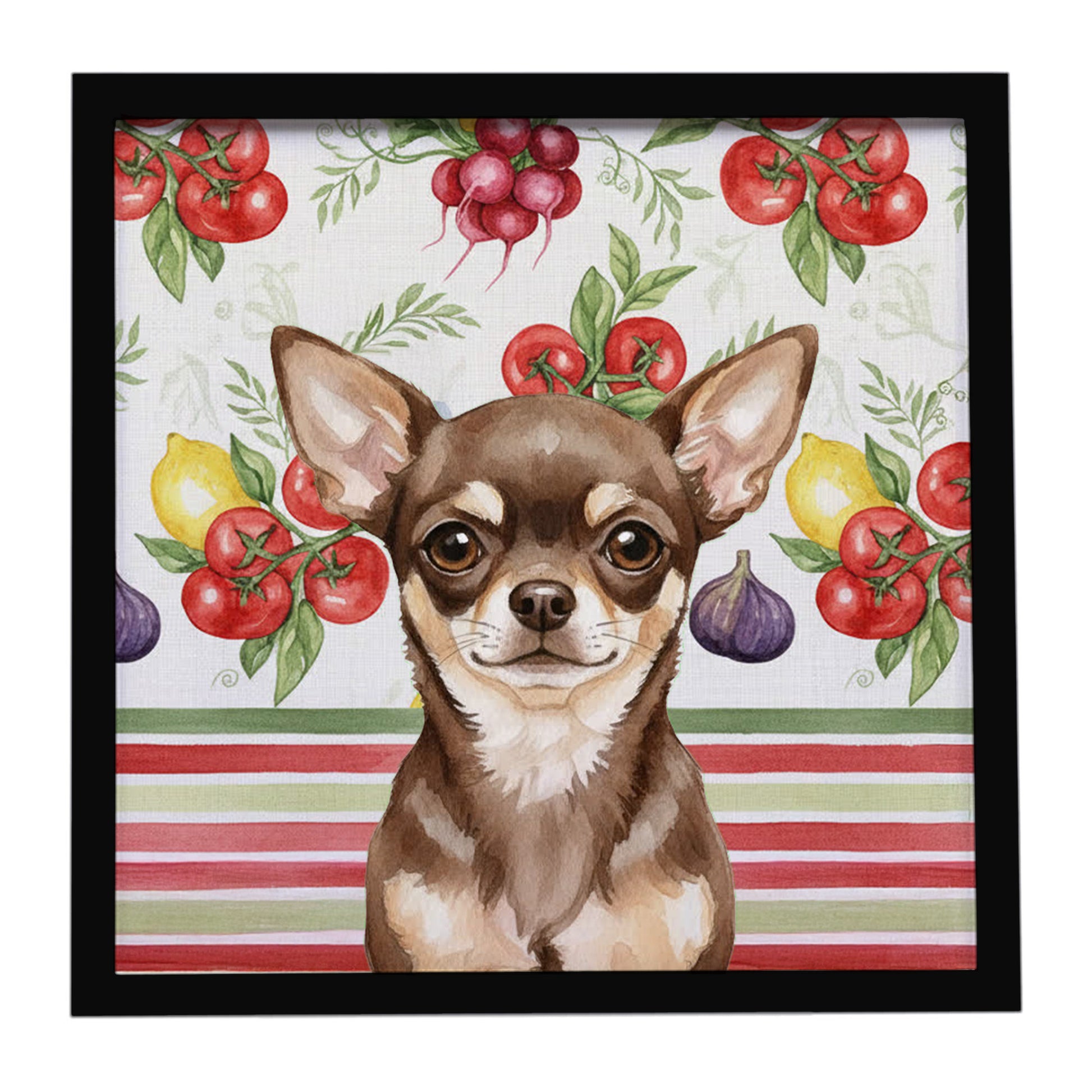 Buy this Chocolate Chihuahua Vegetables Framed Metal Print