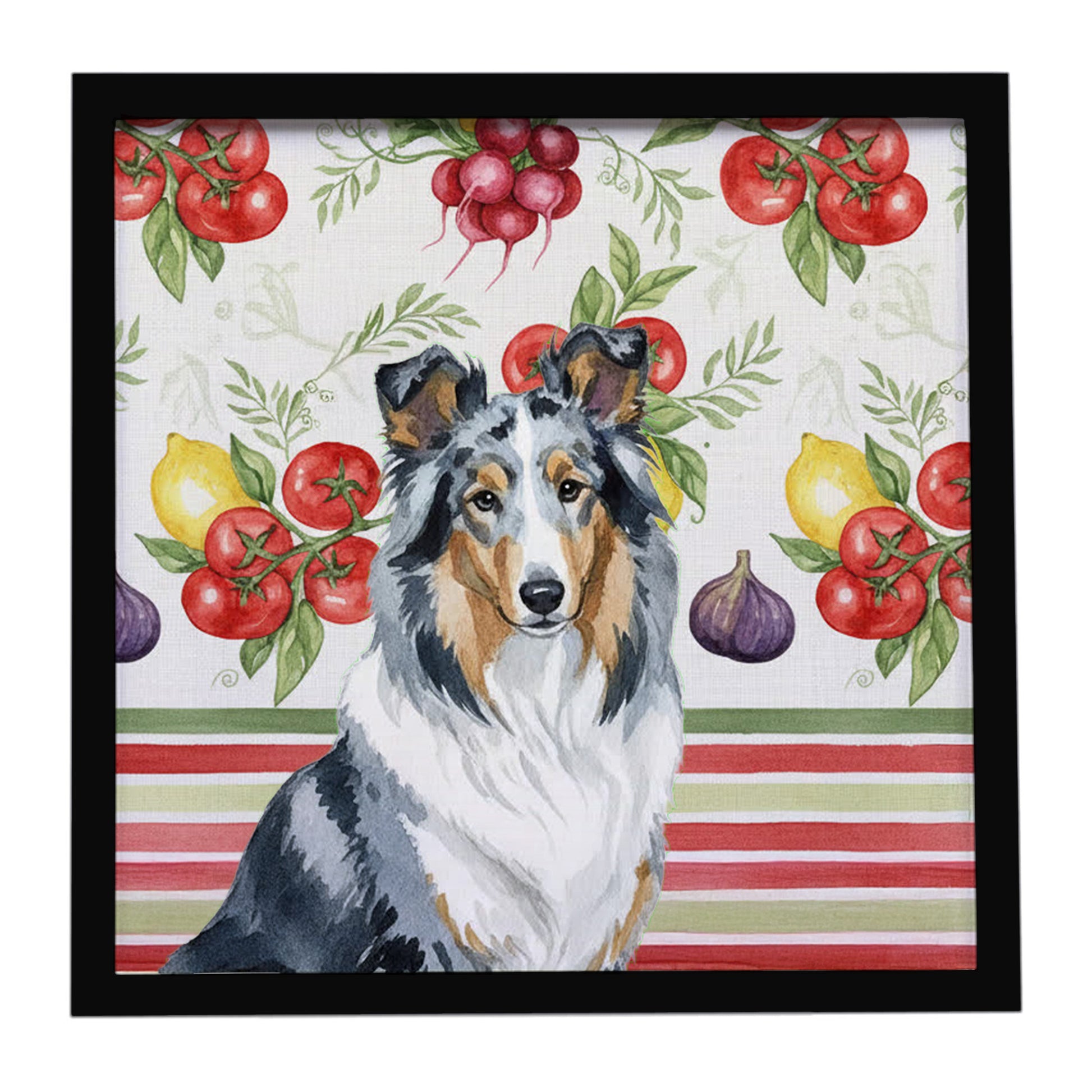 Buy this Blue Merle Collie Vegetables Framed Metal Print