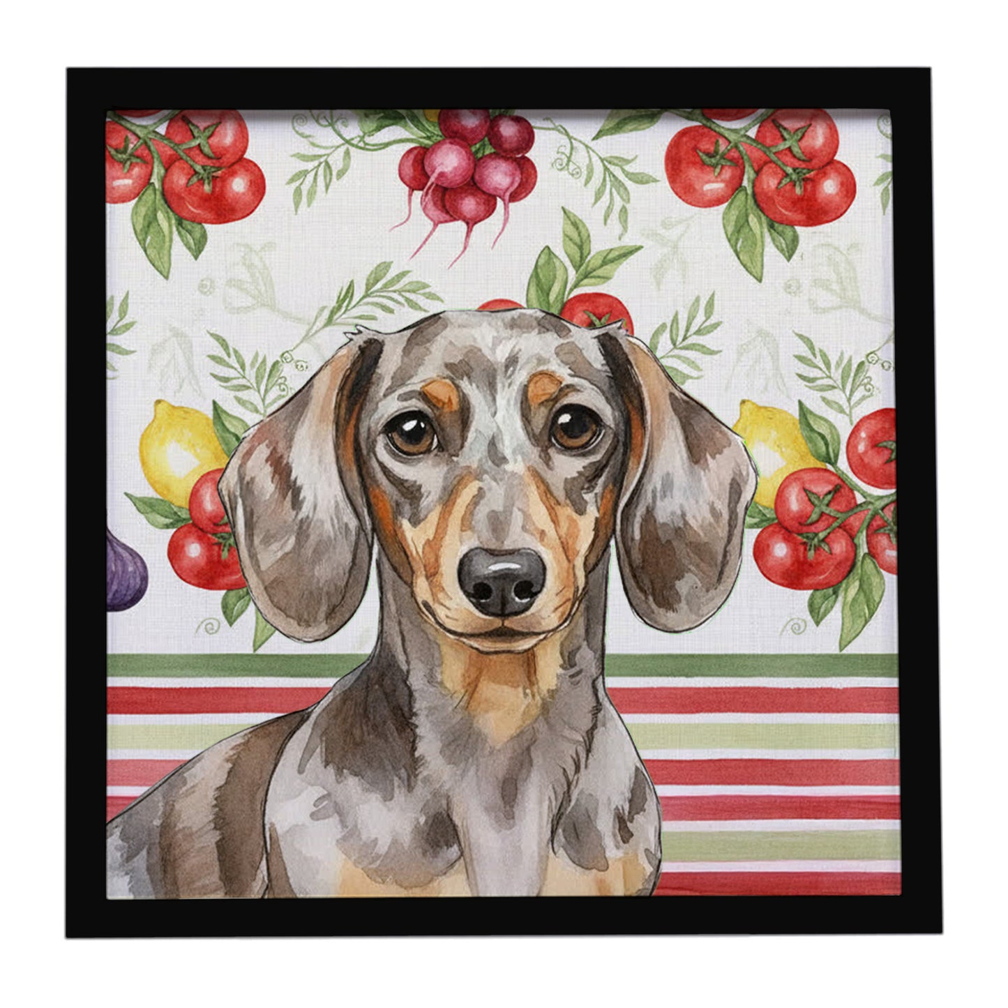 Buy this Dapple Dachshund Vegetables Framed Metal Print