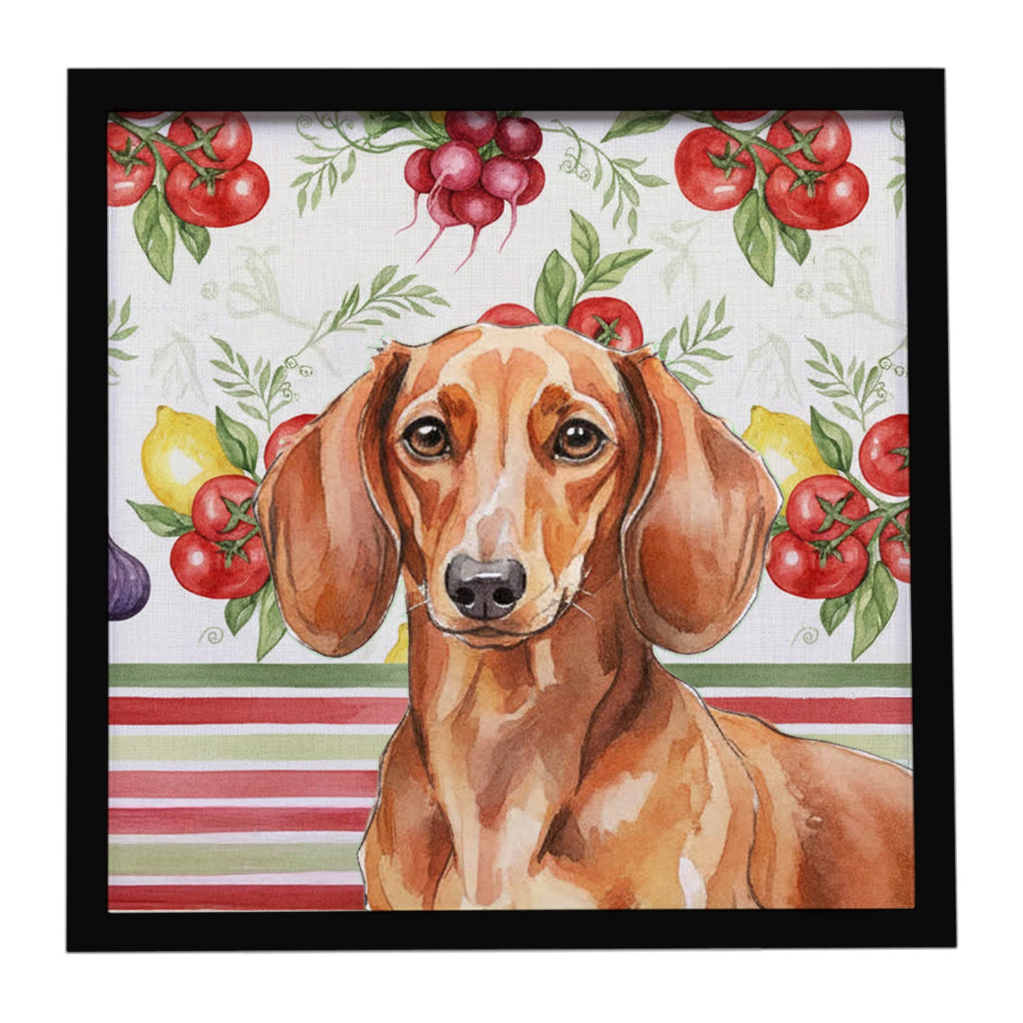 Buy this Red Brown Dachshund Vegetables Framed Metal Print