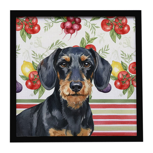 Buy this Wirehaired Black and Tan Dachshund Vegetables Framed Metal Print