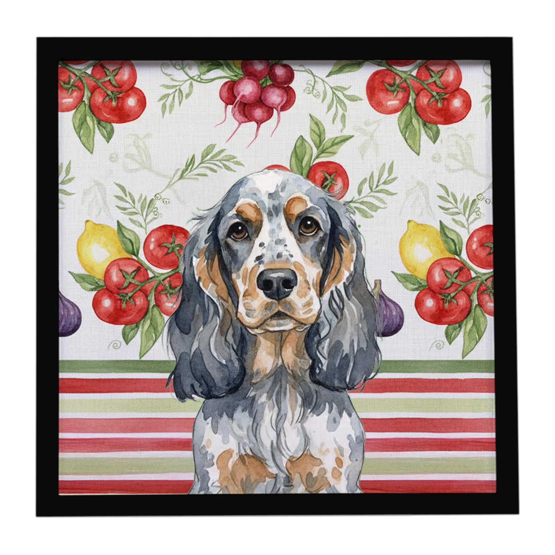 Buy this Blue Roan & Tan English Cocker Spaniel Vegetables Framed Metal Print