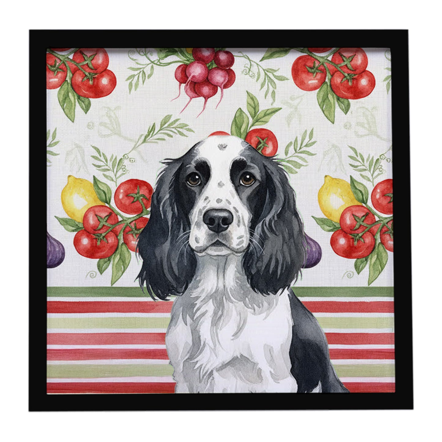 Buy this Black and White English Springer Spaniel Vegetables Framed Metal Print