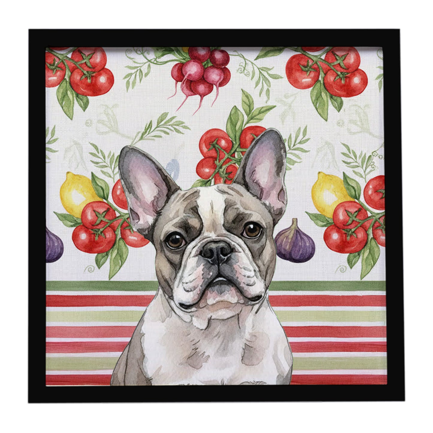 Buy this Pied French Bulldog Vegetables Framed Metal Print
