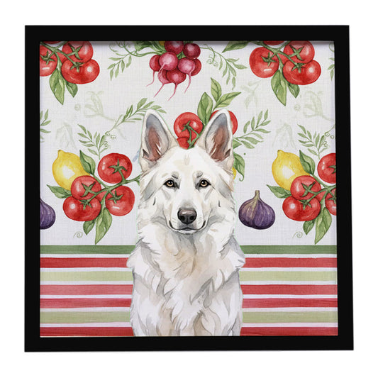 Buy this White German Shepherd Vegetables Framed Metal Print