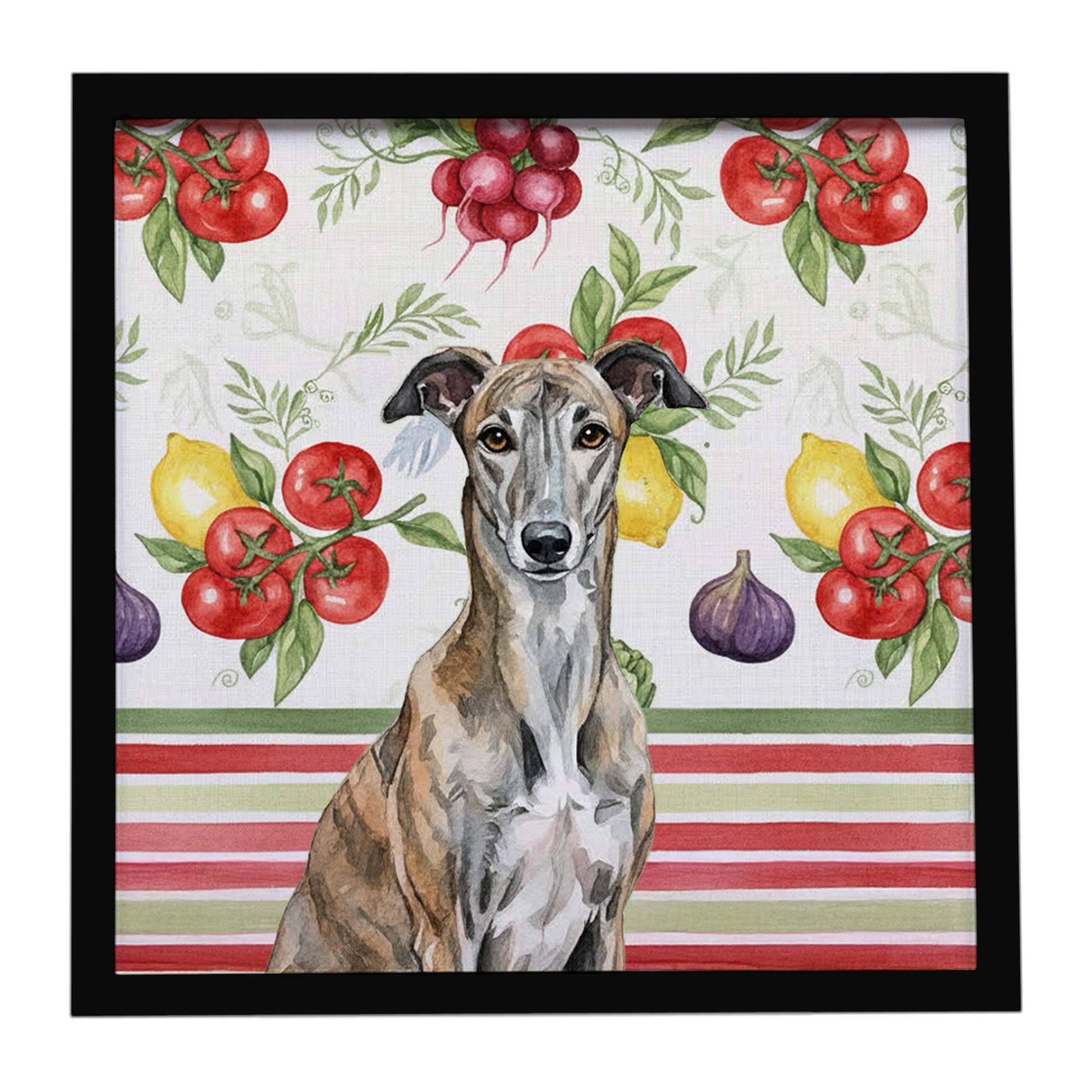 Buy this Brindle Greyhound Vegetables Framed Metal Print