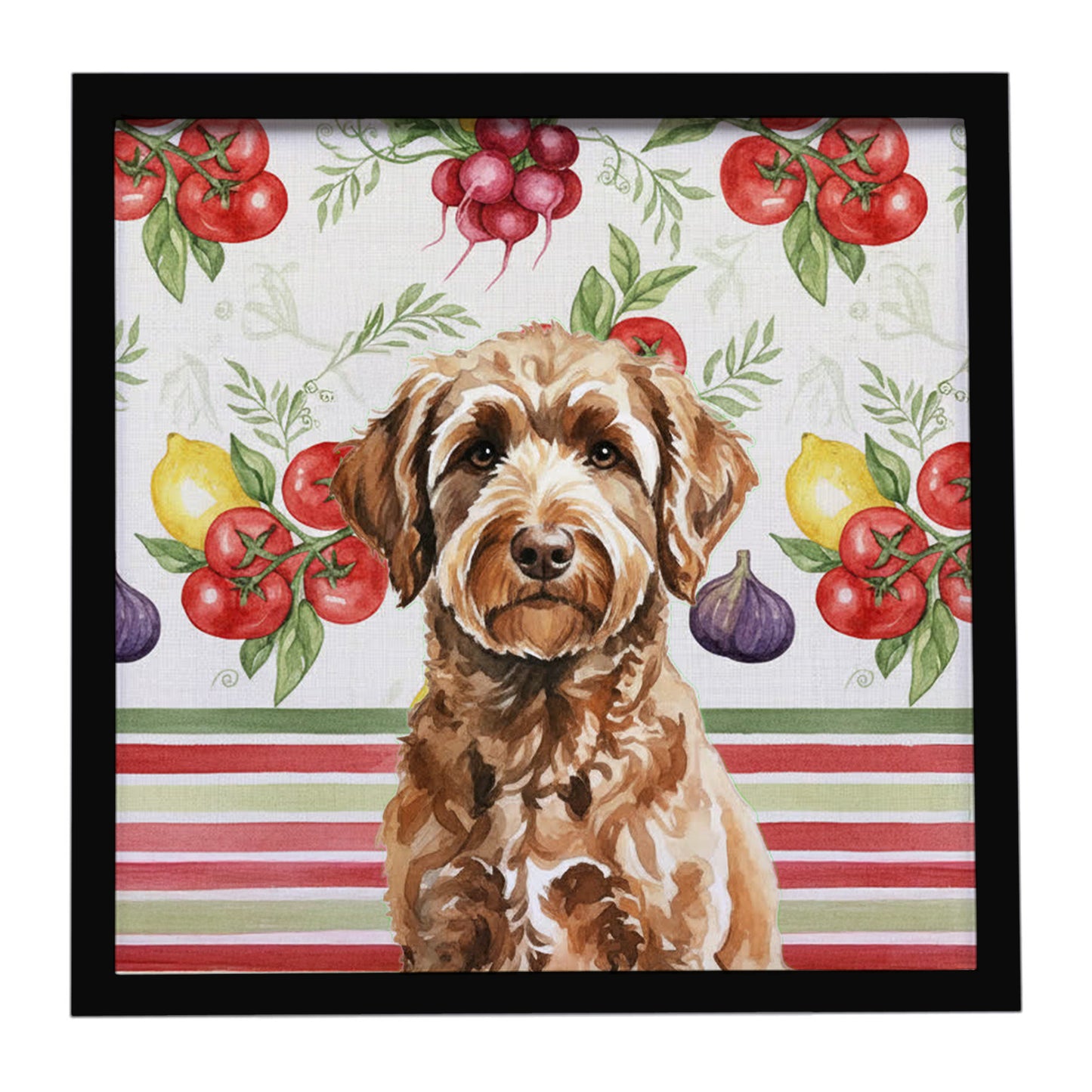 Buy this Chocolate Labradoodle Vegetables Framed Metal Print