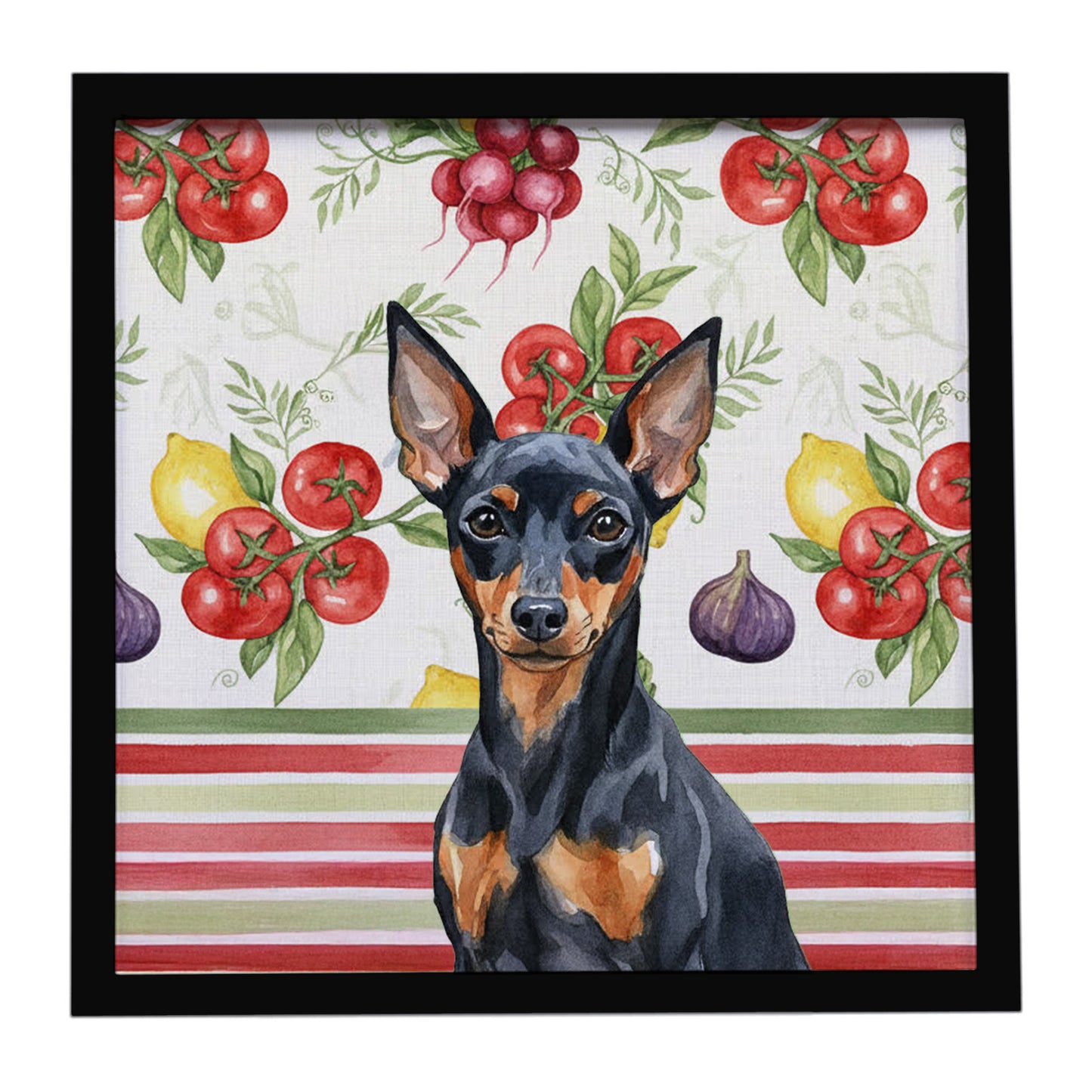 Buy this Black and Tan Miniature Pinscher Vegetables Framed Metal Print