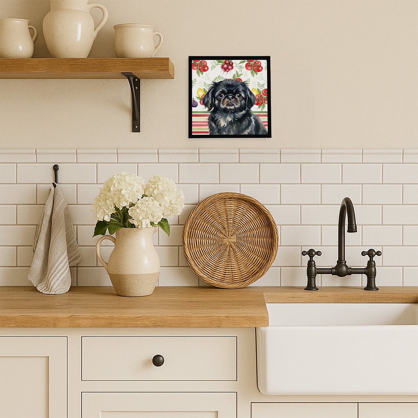 Black Pekingese Vegetables Framed Metal Print