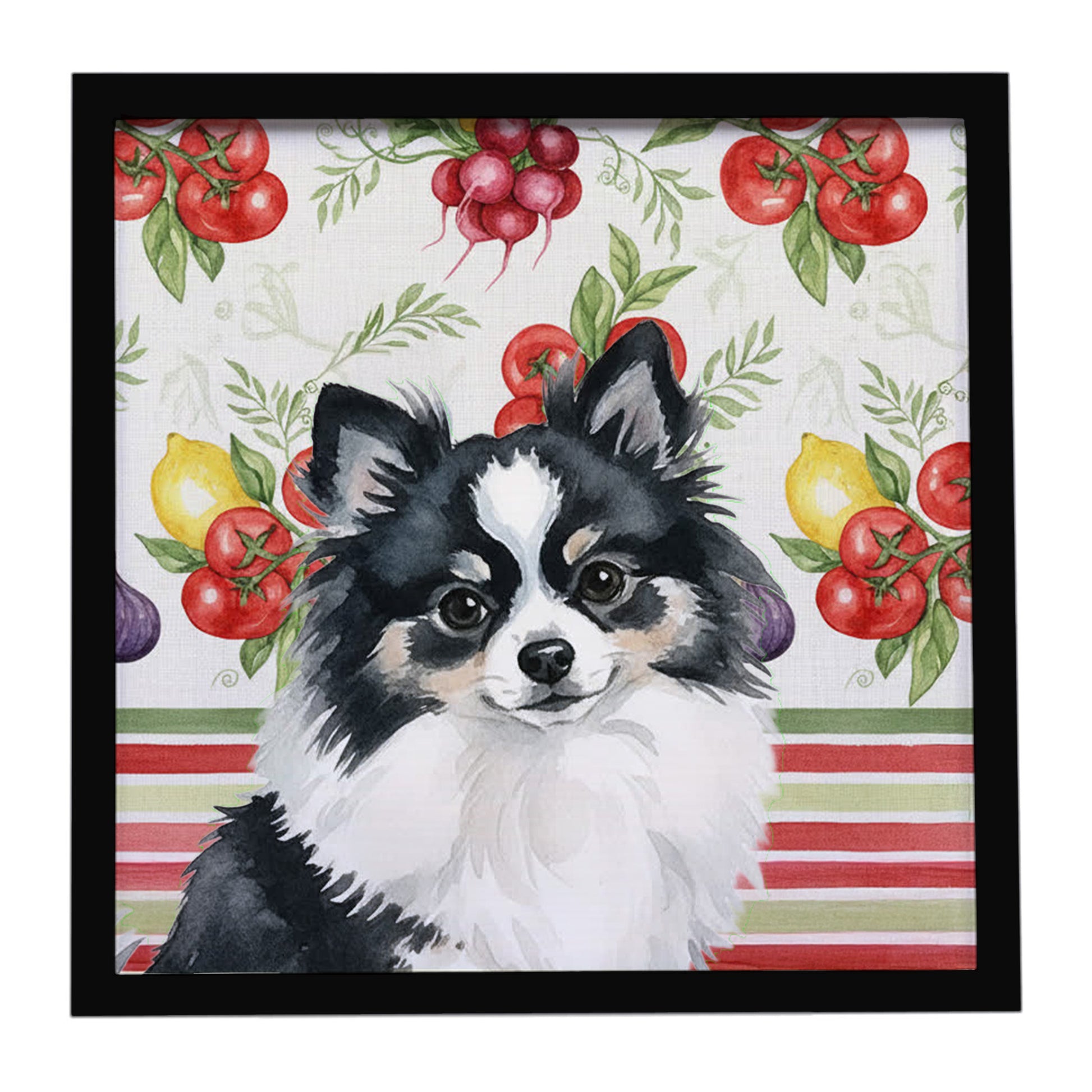 Buy this Black and White Pomeranian Vegetables Framed Metal Print