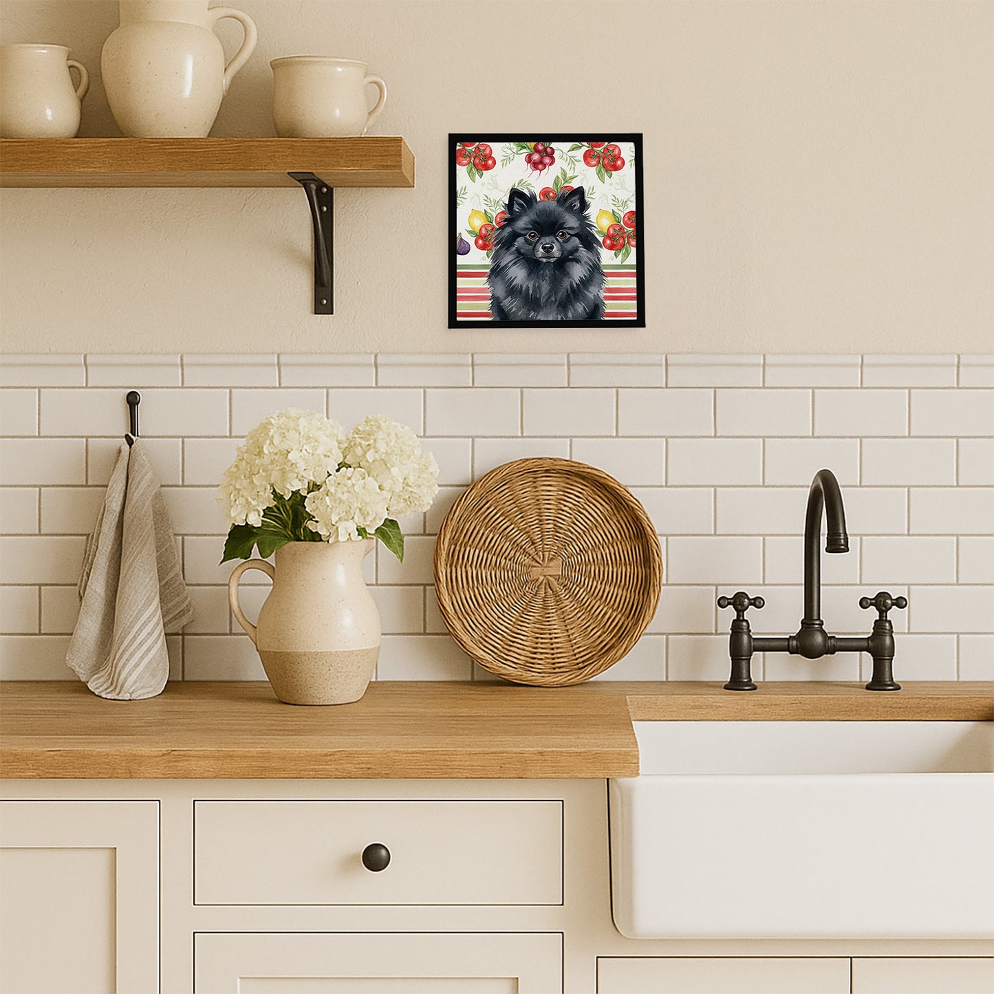 Black Pomeranian Vegetables Framed Metal Print