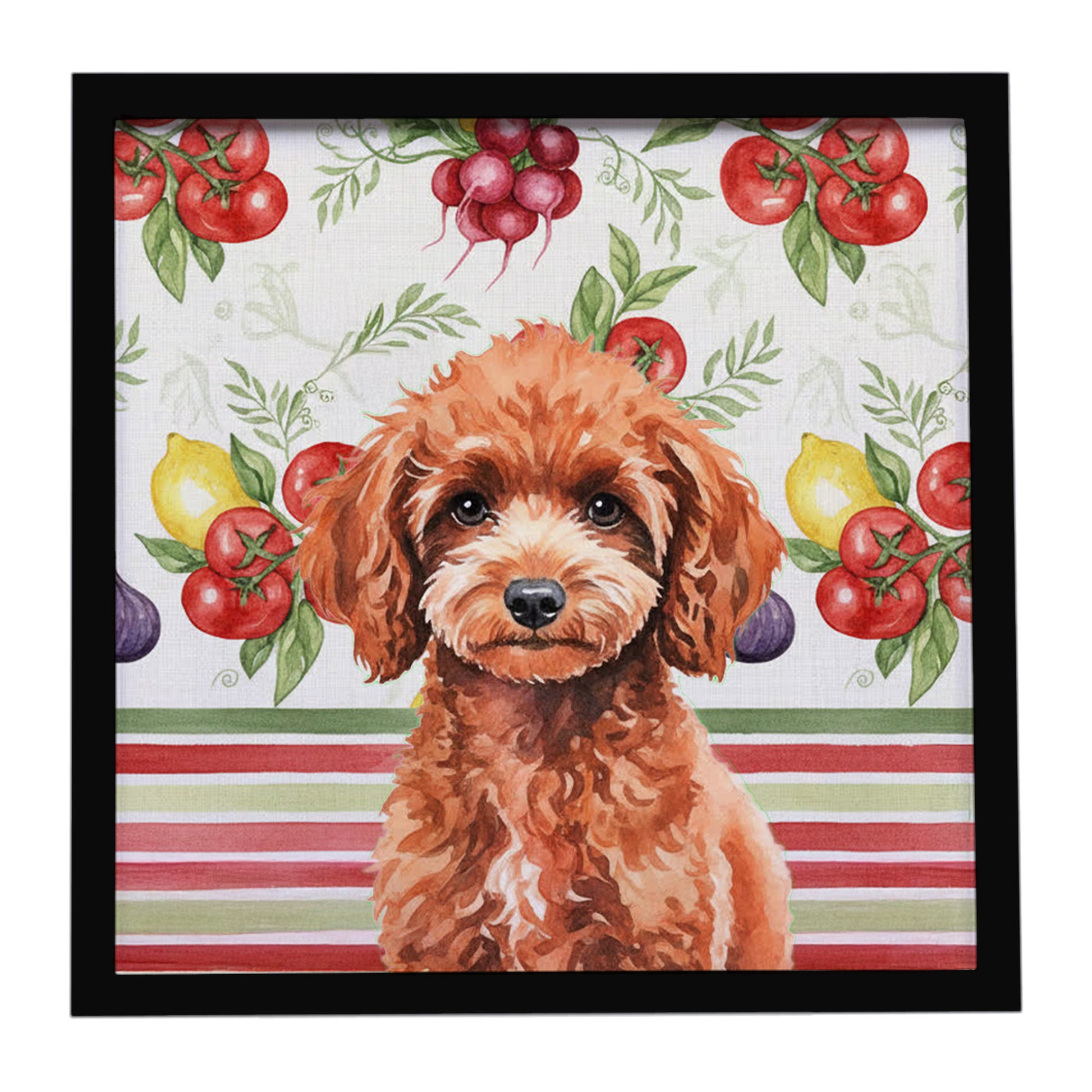 Buy this Miniature Red Poodle Vegetables Framed Metal Print