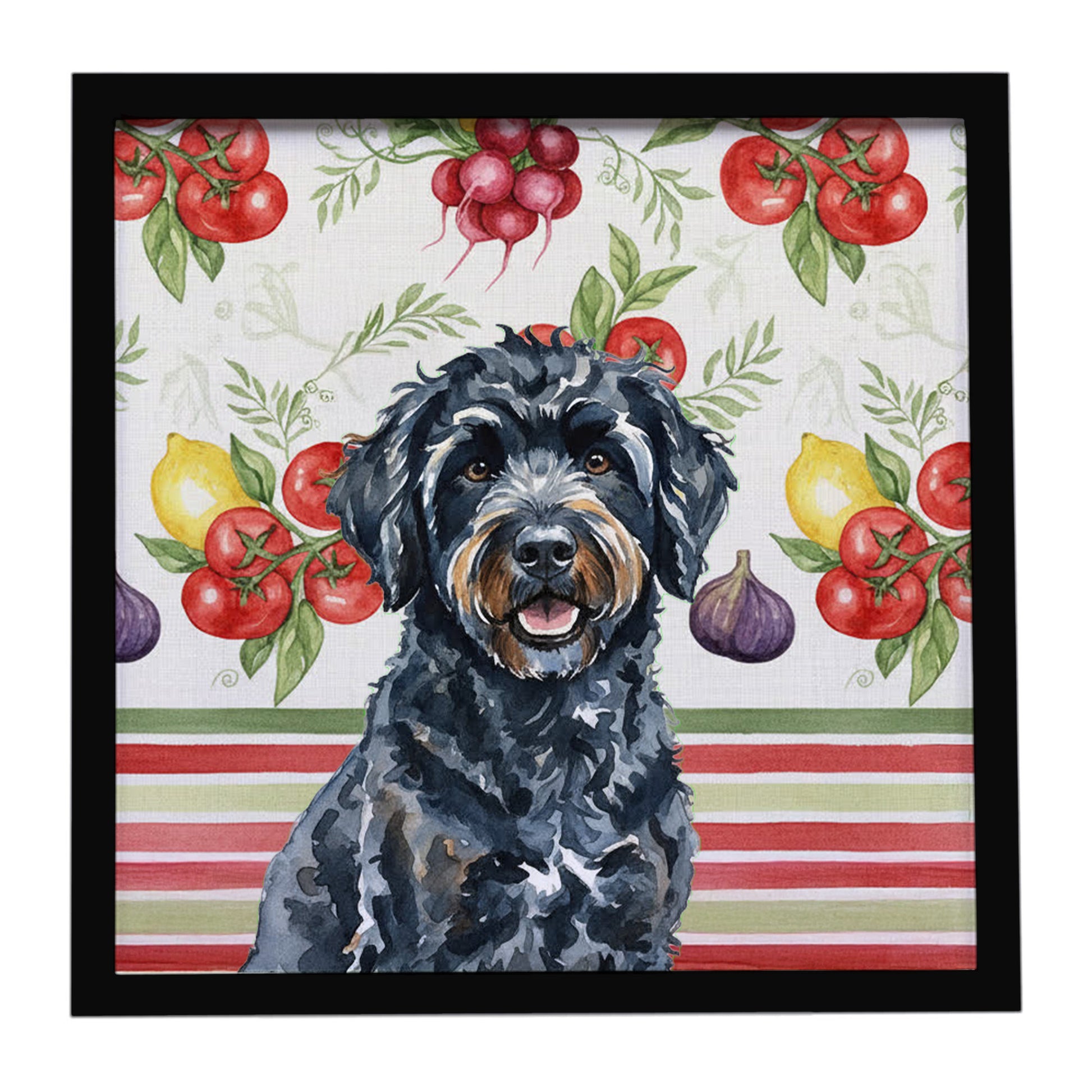 Buy this Black Portuguese Water Dog Vegetables Framed Metal Print