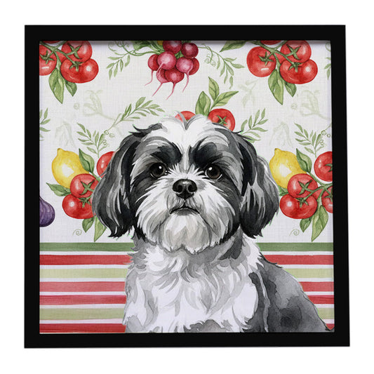 Buy this Black and White Shih Tzu Vegetables Framed Metal Print