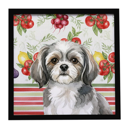 Buy this Grey and White Tibetan Spaniel Vegetables Framed Metal Print