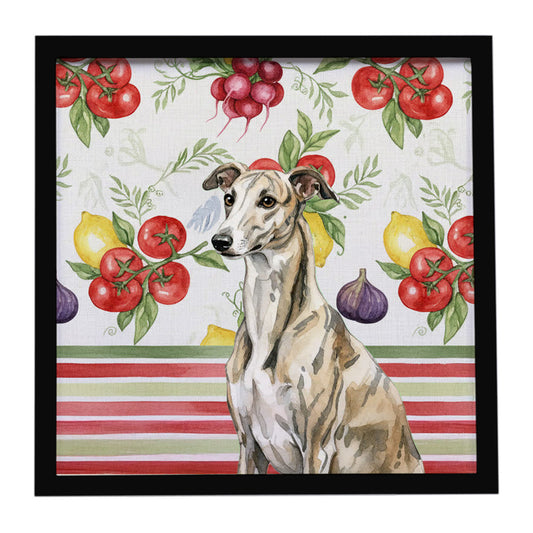 Buy this Brindle Whippet Vegetables Framed Metal Print
