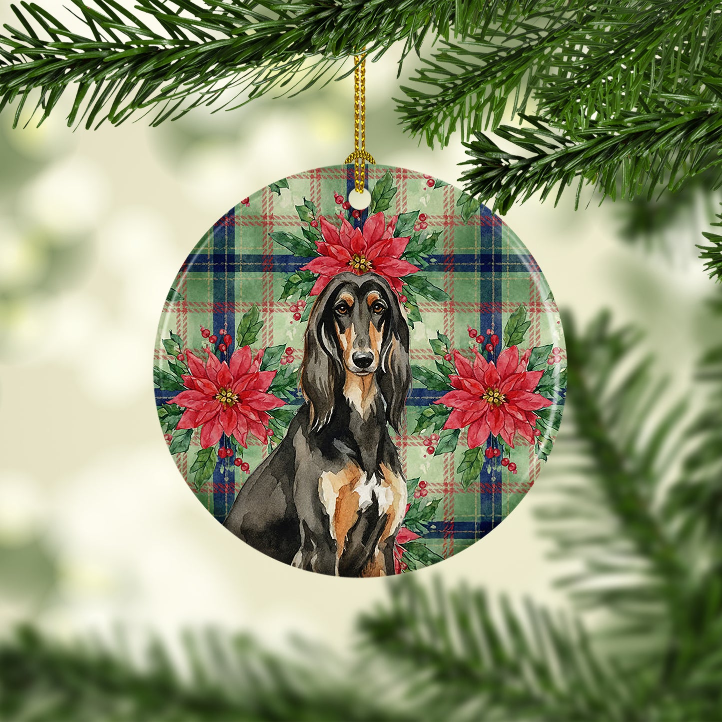 Black & Tan Afghan Hound Christmas PoinsettIas Ceramic Ornament