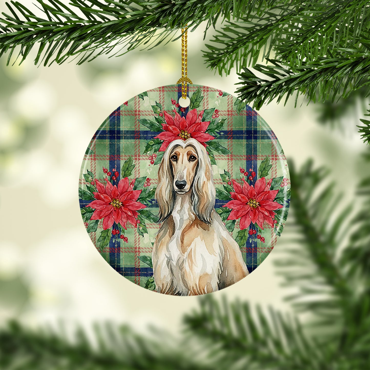 Afghan Hound Christmas PoinsettIas Ceramic Ornament