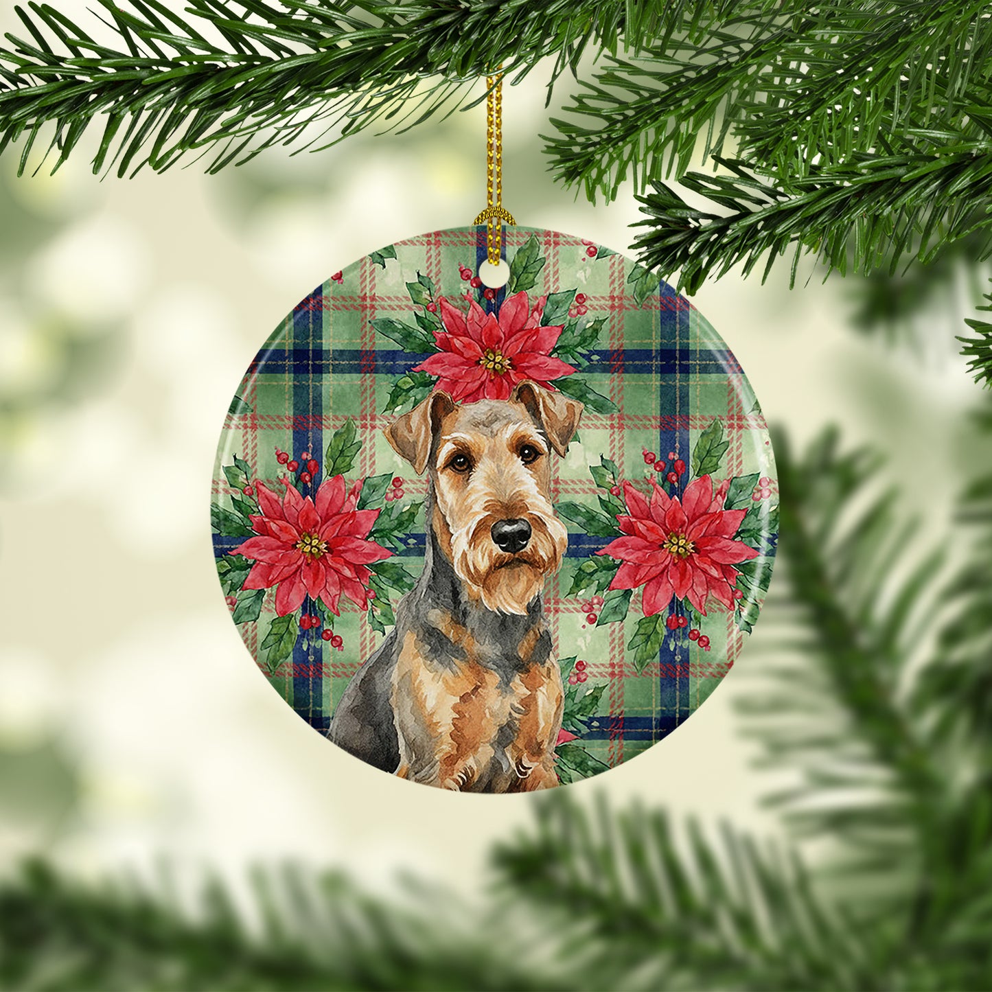 Grizzle Airedale Terrier Christmas PoinsettIas Ceramic Ornament