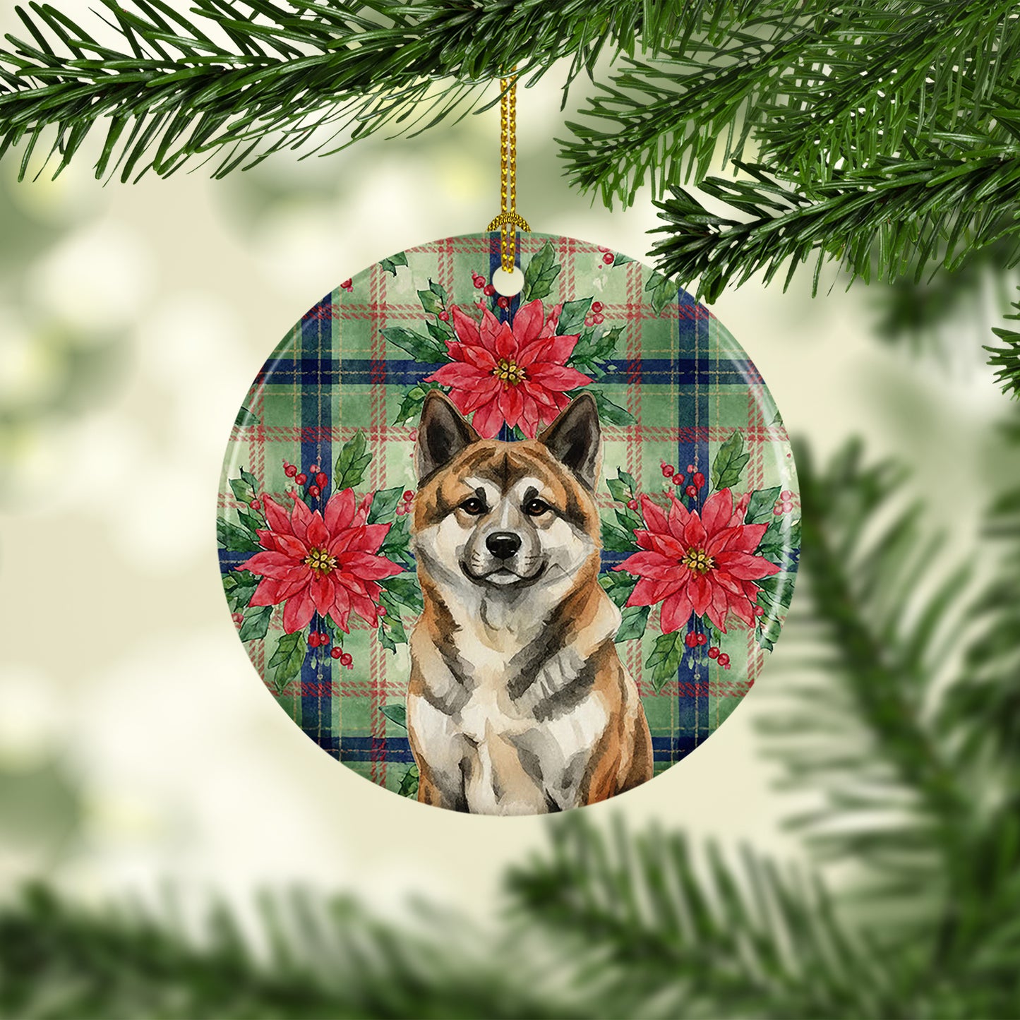 Brindle Akita Christmas PoinsettIas Ceramic Ornament