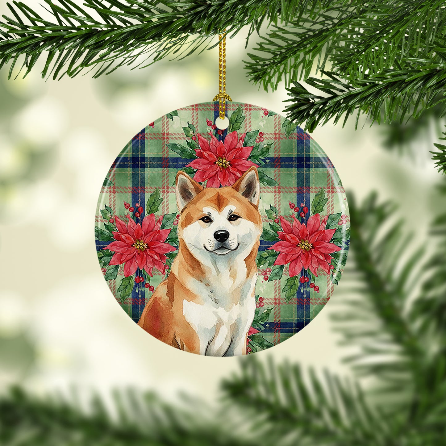 Red Akita Christmas PoinsettIas Ceramic Ornament
