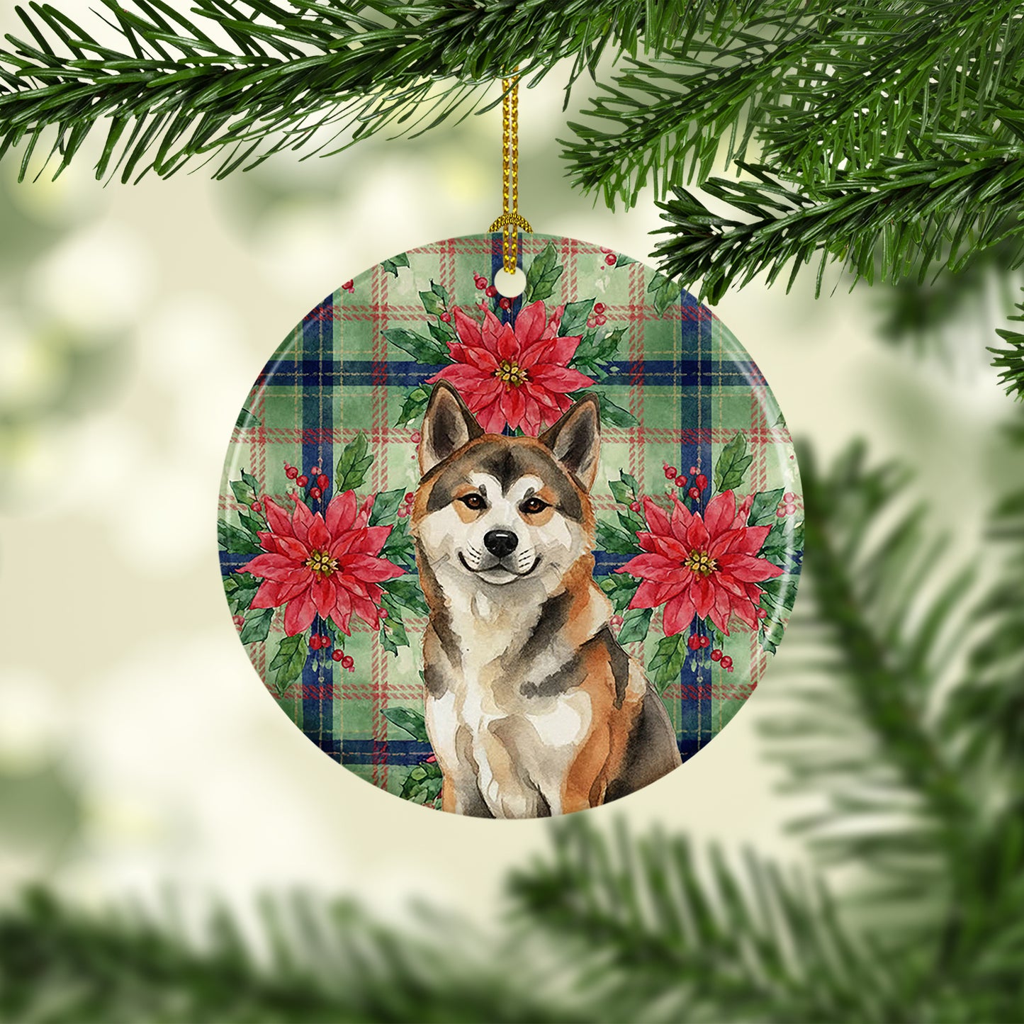Sesame Akita Christmas PoinsettIas Ceramic Ornament
