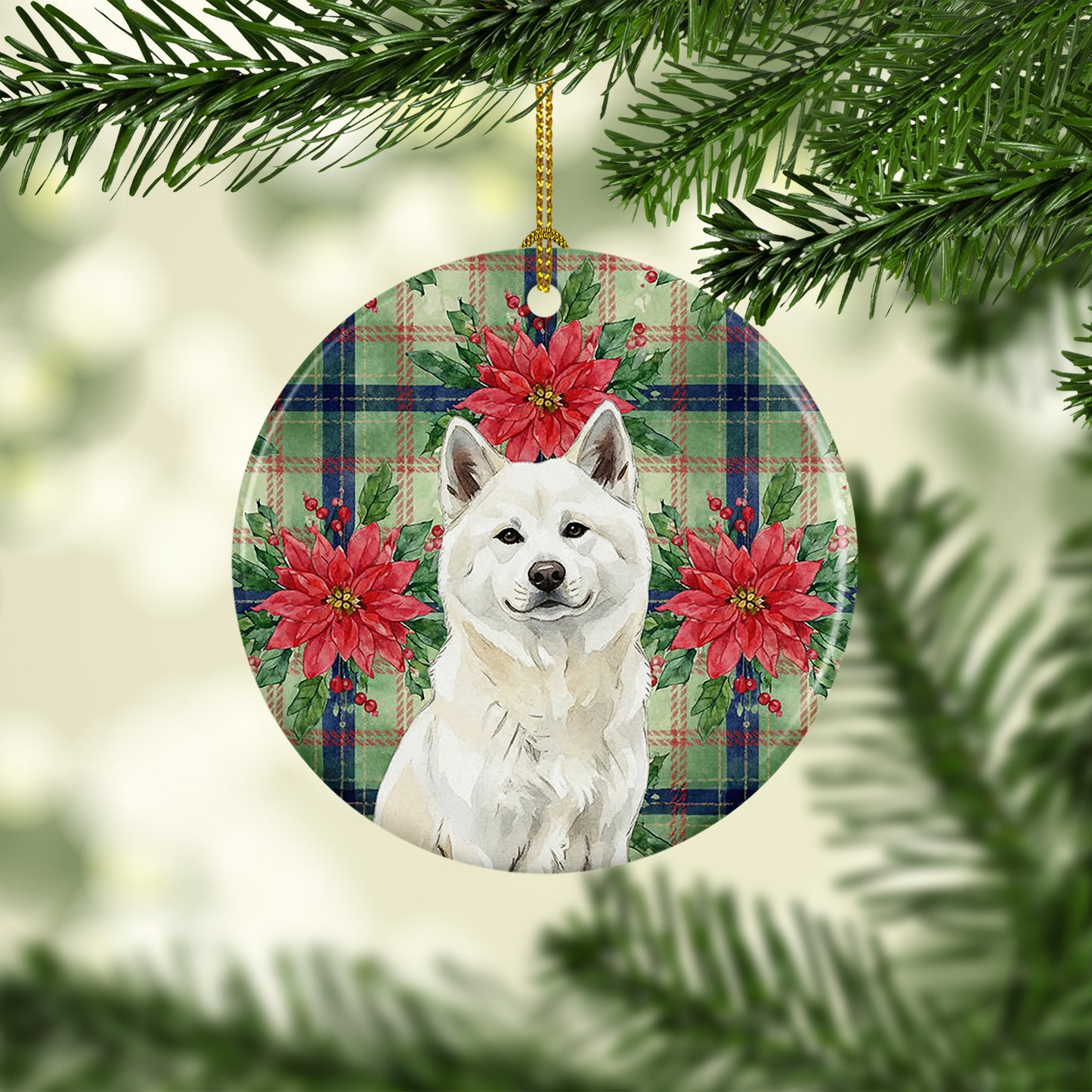 White Akita Christmas PoinsettIas Ceramic Ornament
