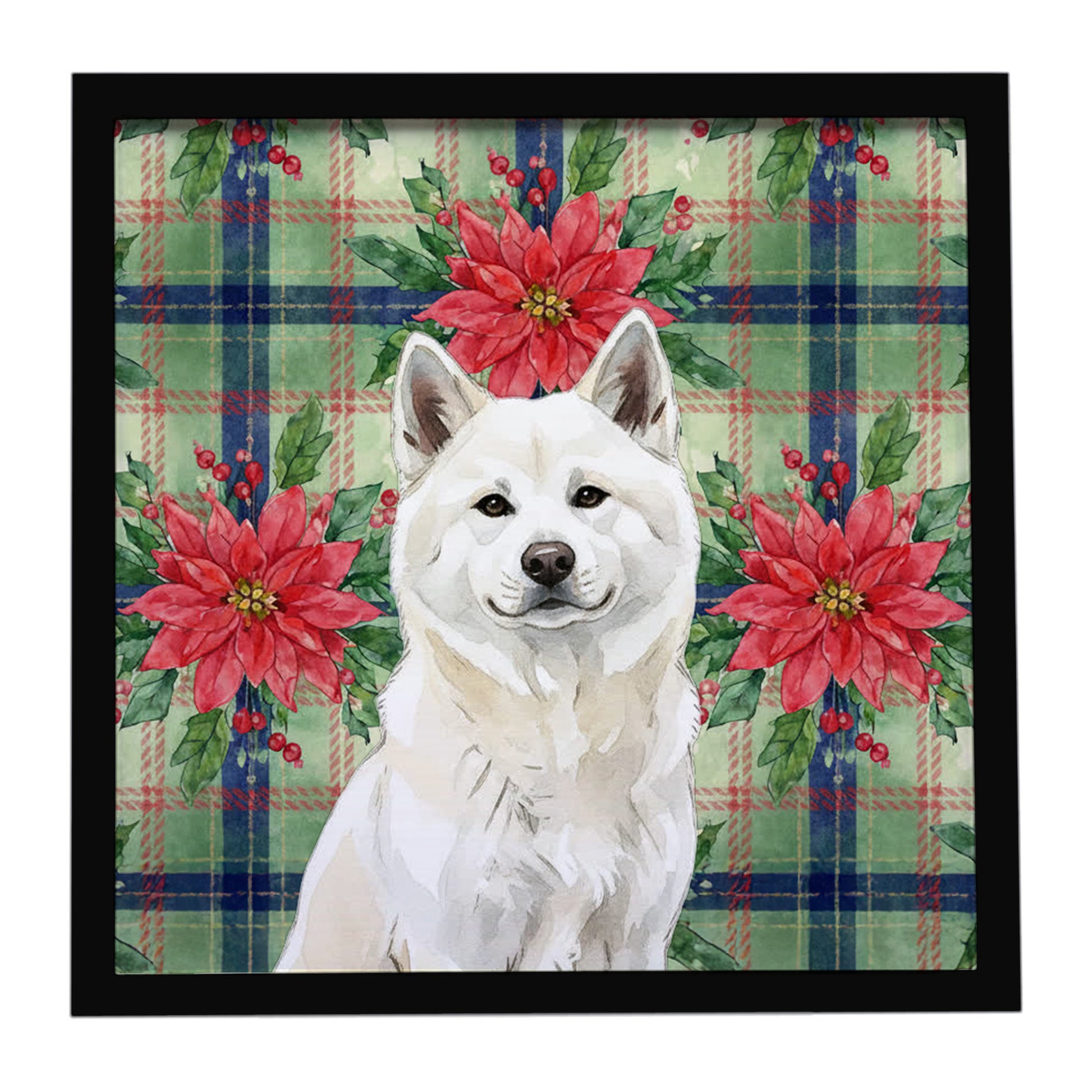 Buy this White Akita Christmas PoinsettIas Framed Metal Print