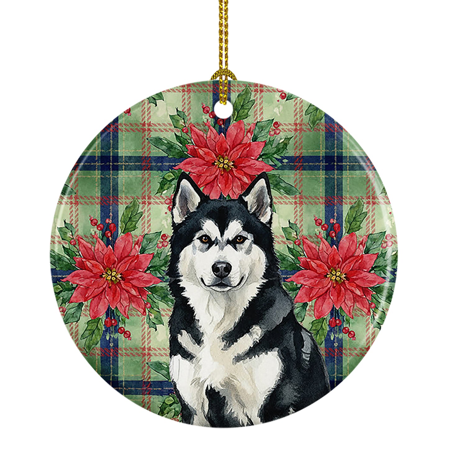 Buy this Black and White Alaskan Malamute Christmas PoinsettIas Ceramic Ornament