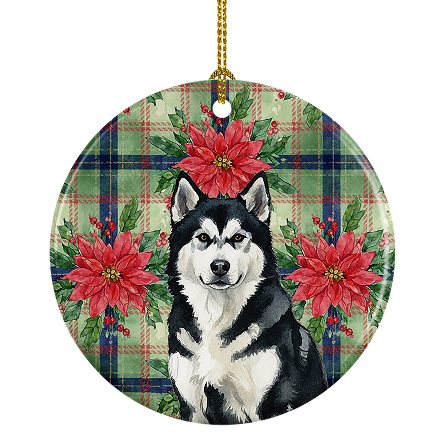 Buy this Black and White Alaskan Malamute Christmas PoinsettIas Ceramic Ornament