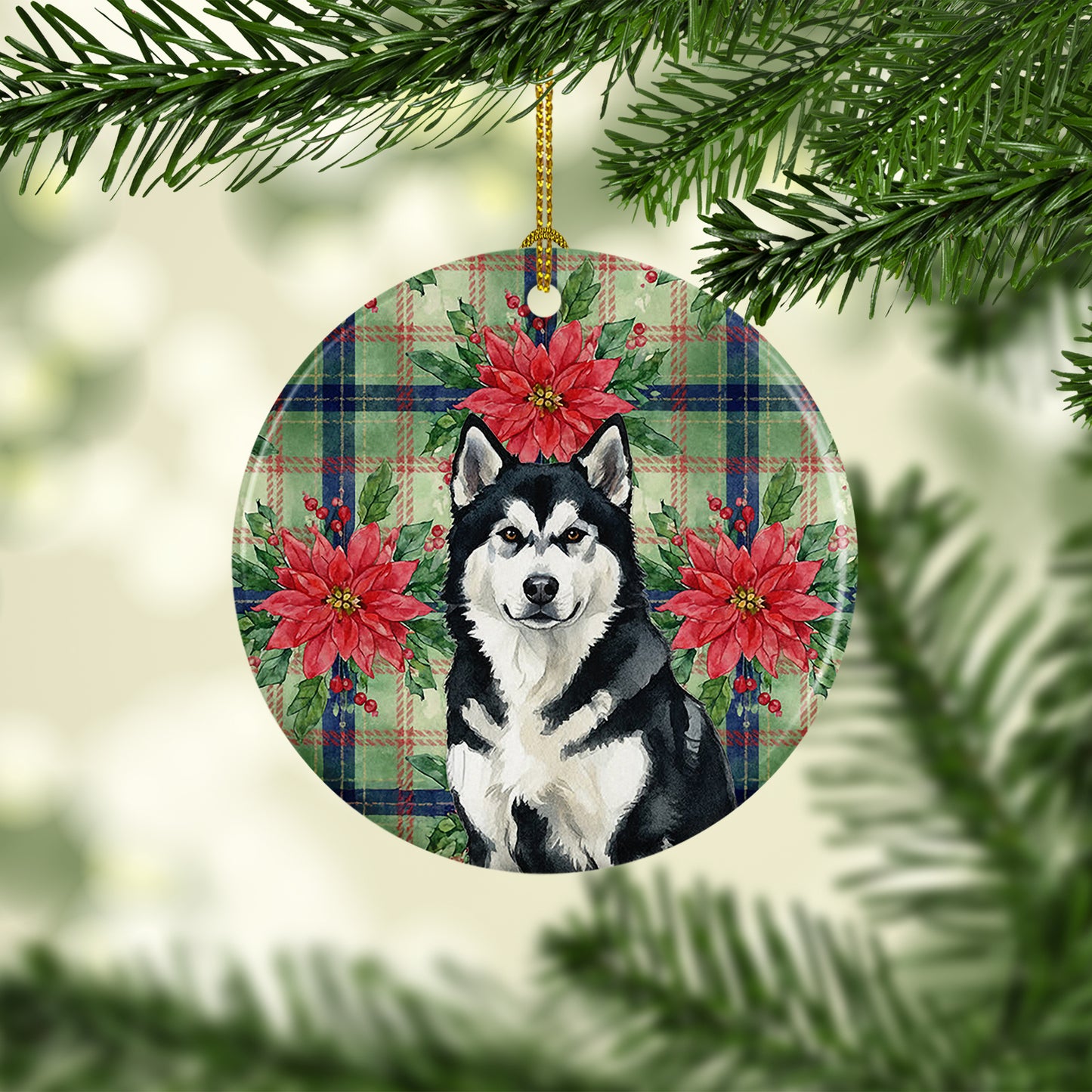 Black and White Alaskan Malamute Christmas PoinsettIas Ceramic Ornament
