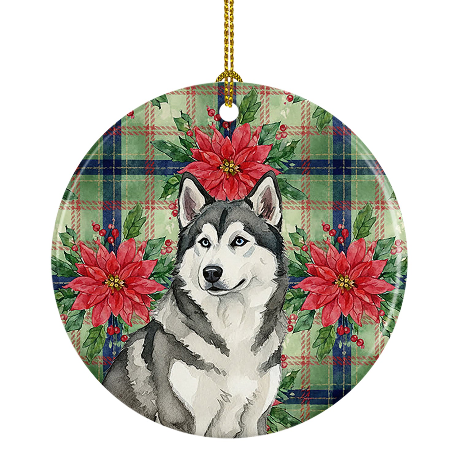Buy this Gray and White Alaskan Malamute Christmas PoinsettIas Ceramic Ornament