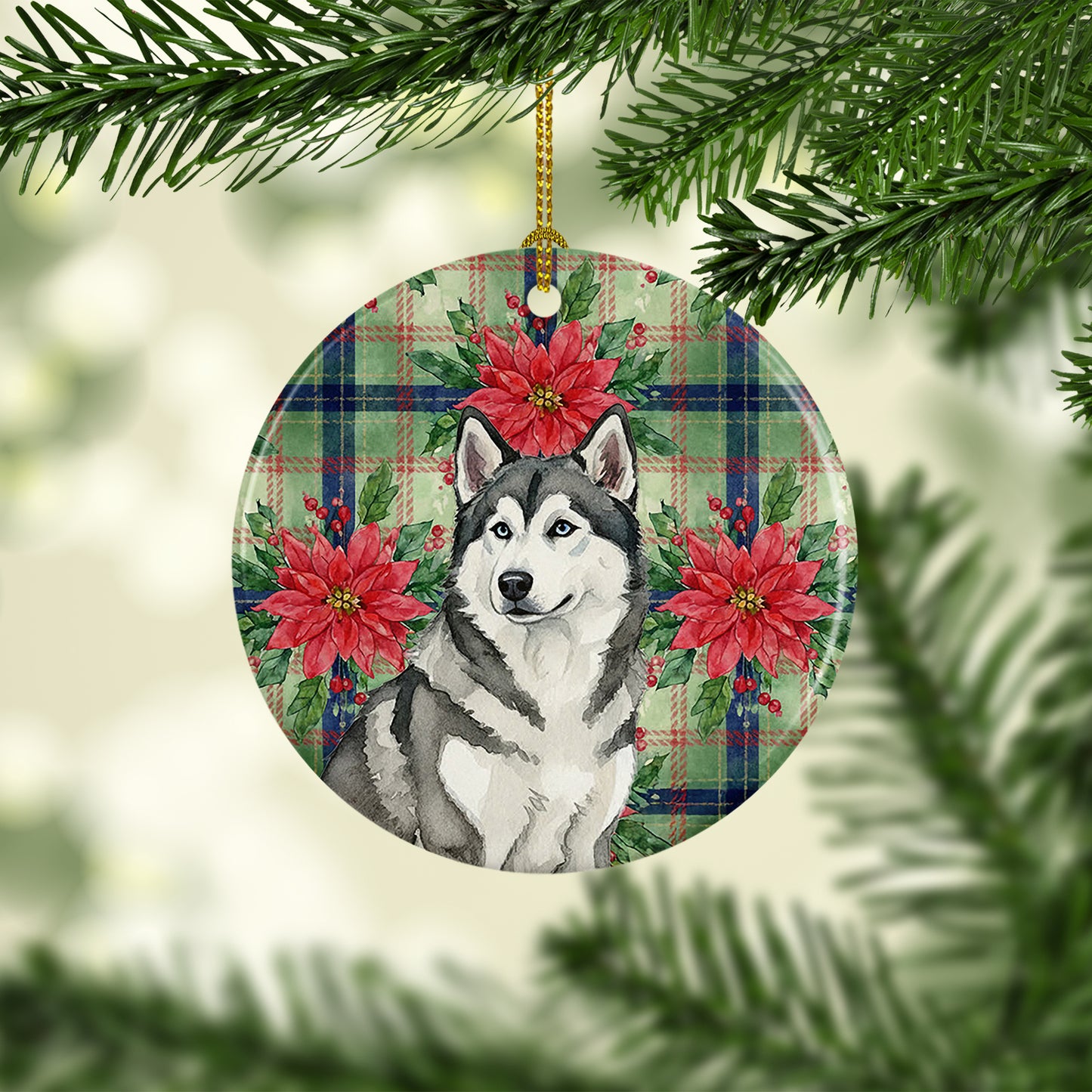 Gray and White Alaskan Malamute Christmas PoinsettIas Ceramic Ornament