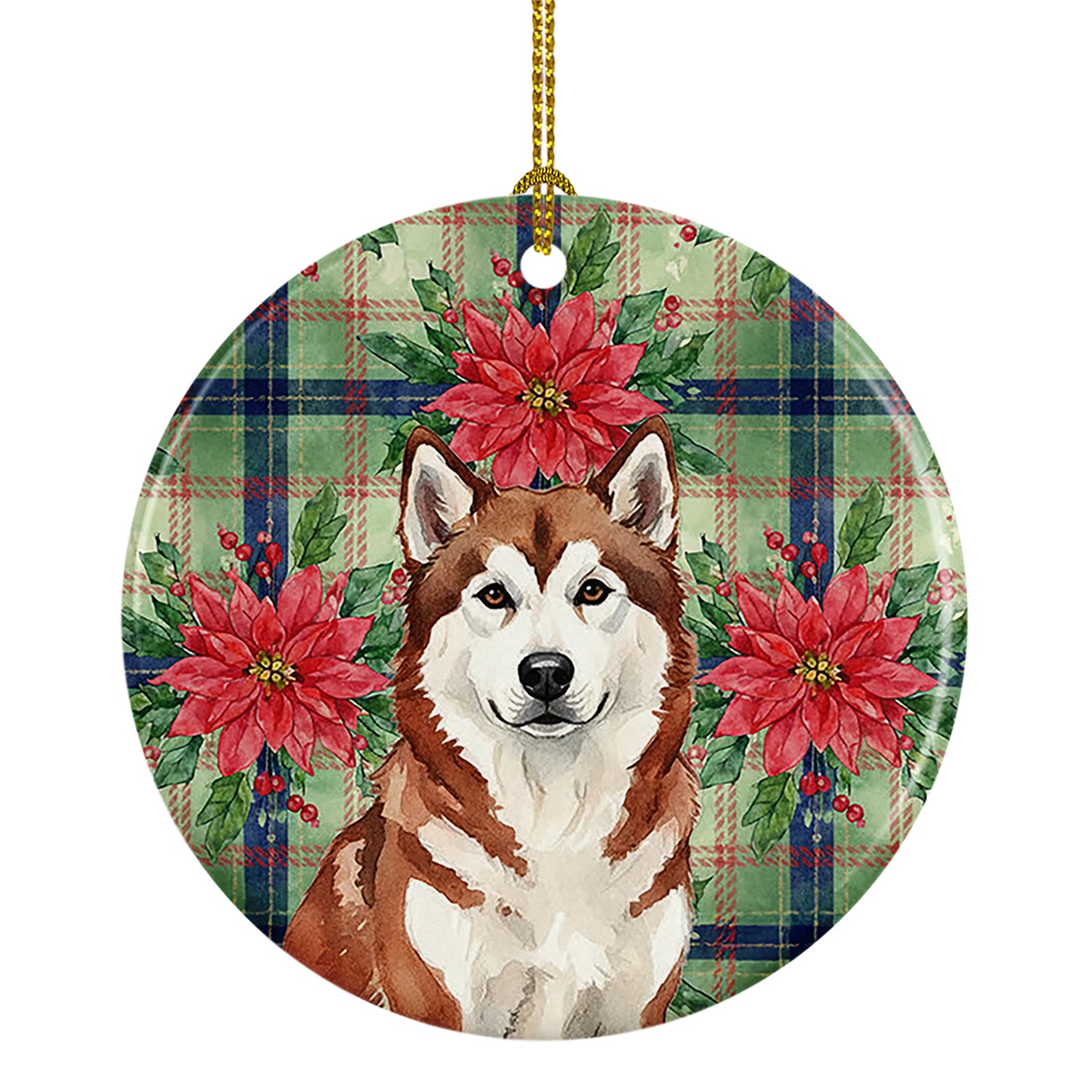 Buy this Red and White Alaskan Malamute Christmas Poinsettas Ceramic Ornament
