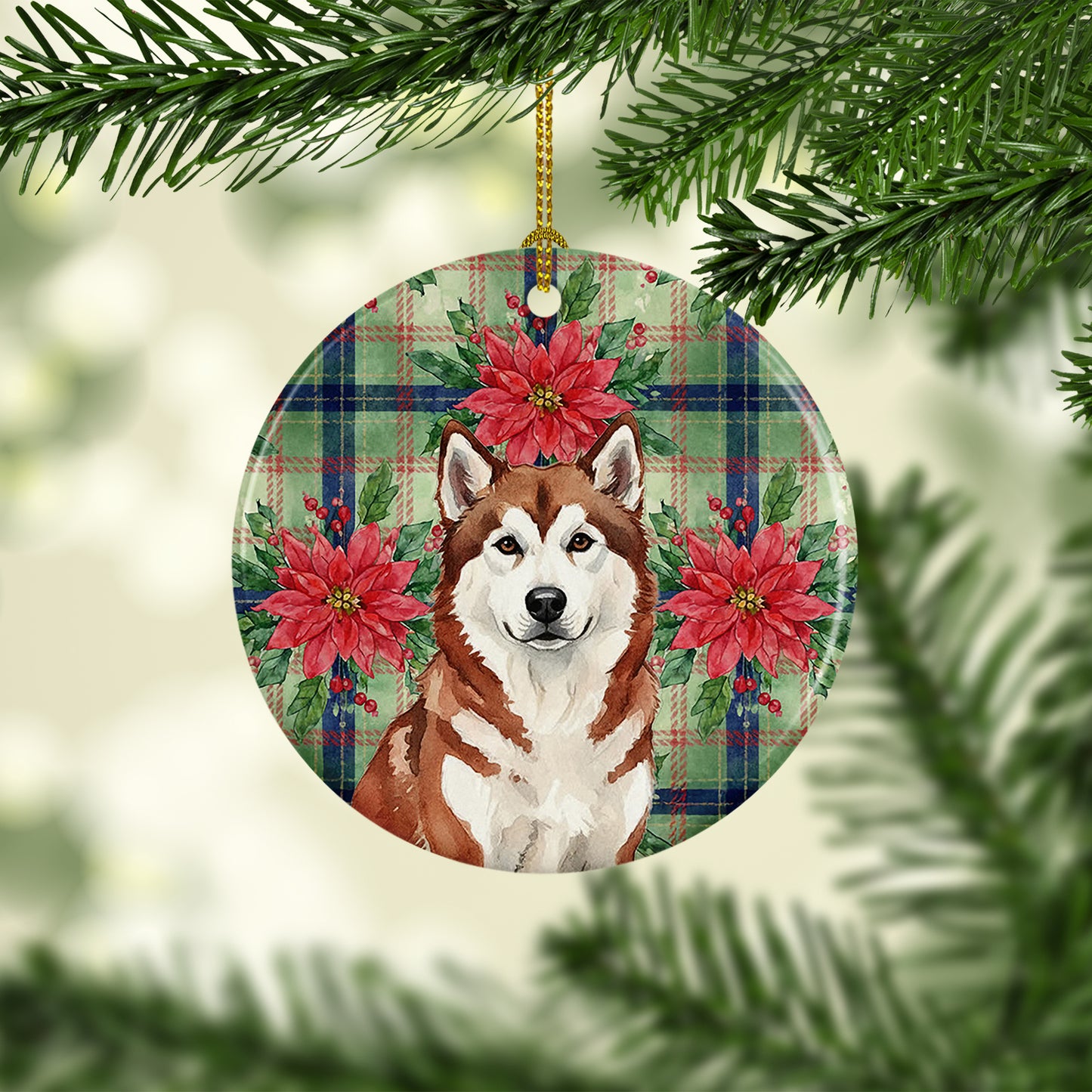 Red and White Alaskan Malamute Christmas Poinsettas Ceramic Ornament