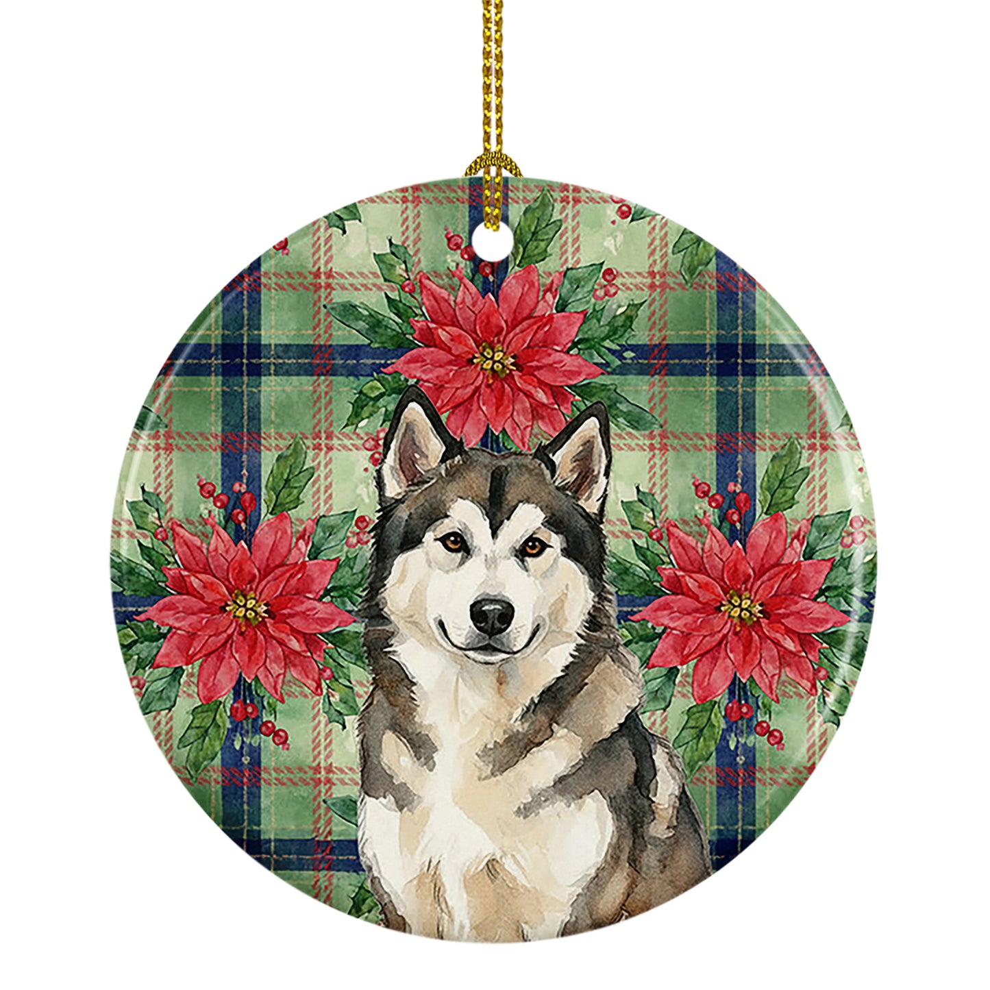 Buy this Sable and White Alaskan Malamute Christmas Poinsettas Ceramic Ornament