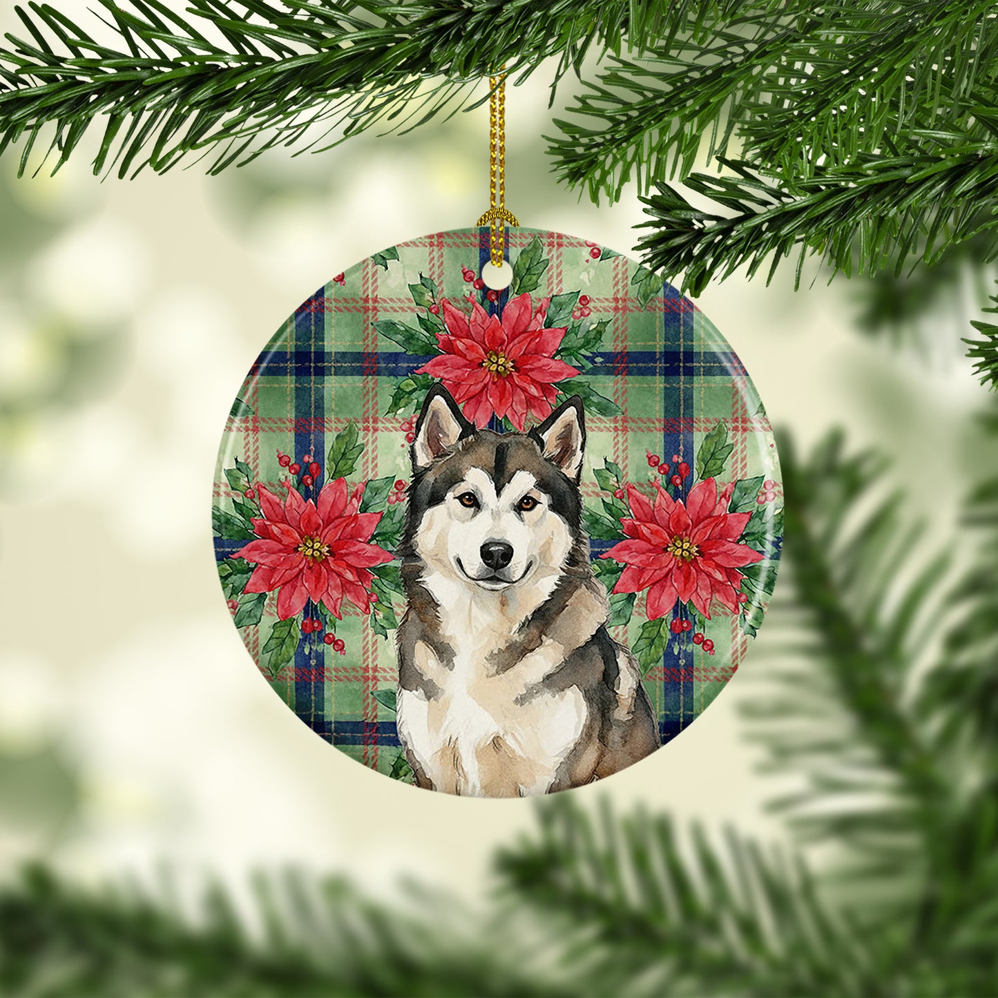 Sable and White Alaskan Malamute Christmas Poinsettas Ceramic Ornament