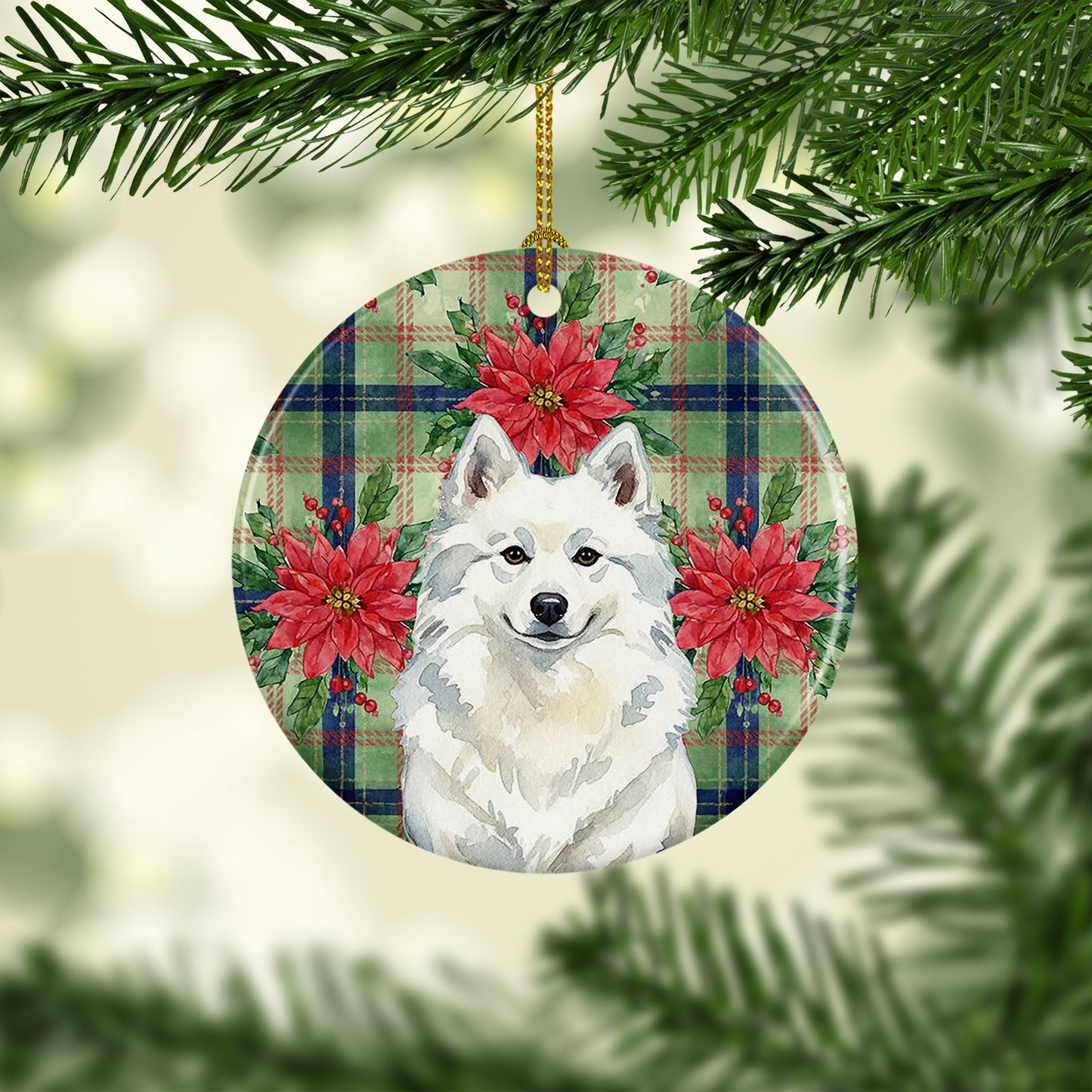 American Eskimo Christmas PoinsettIas Ceramic Ornament