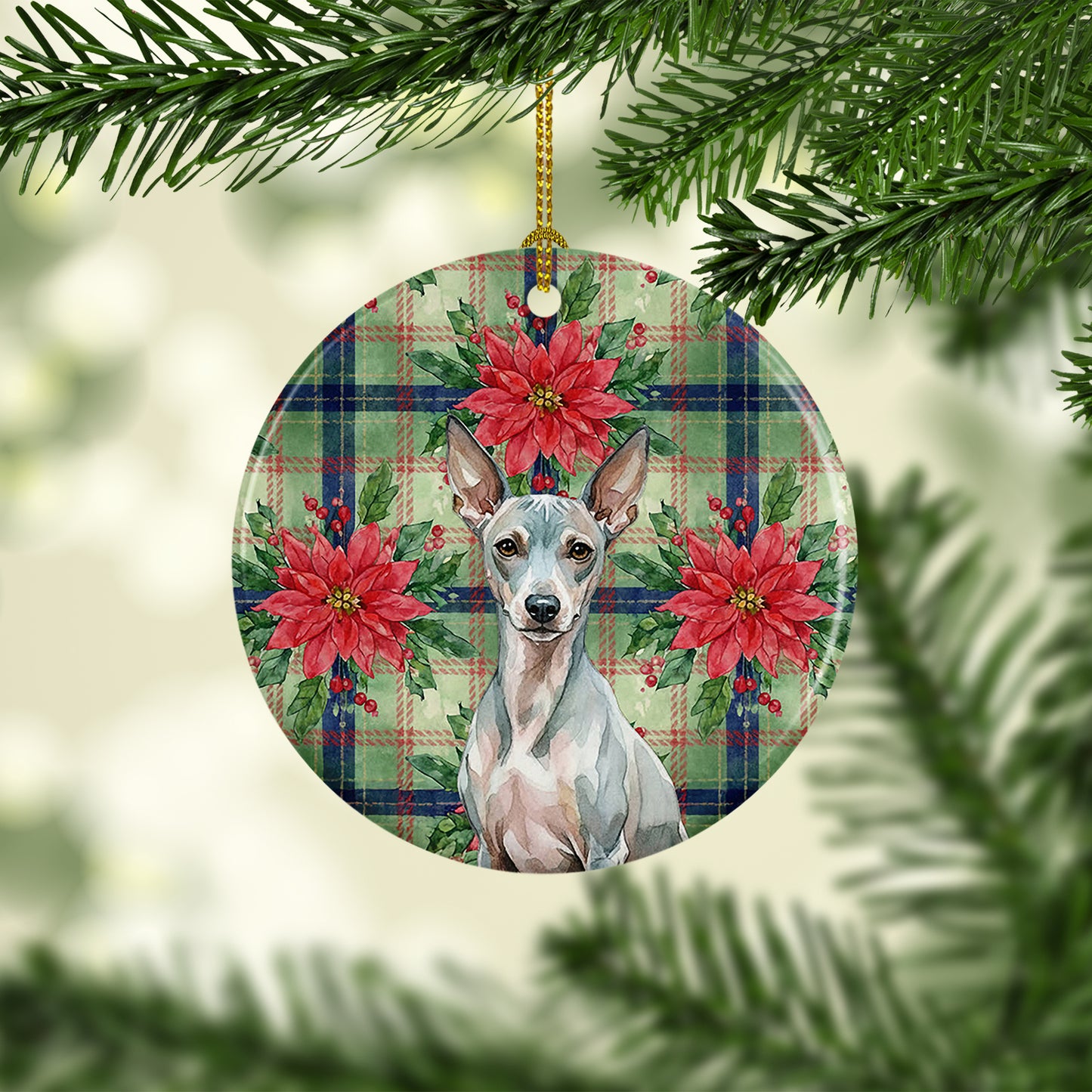 American Hairless Terrier Christmas PoinsettIas Ceramic Ornament