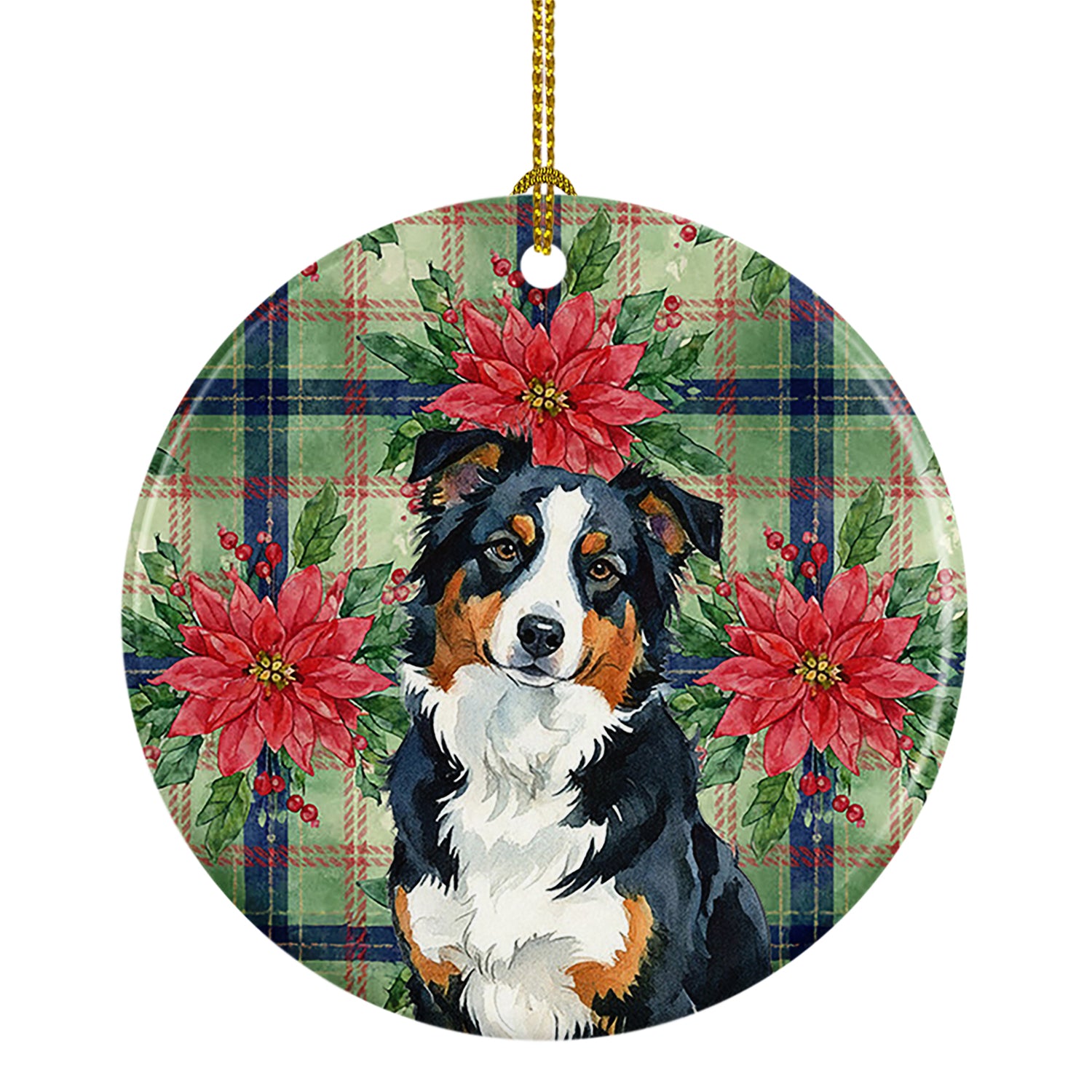 Buy this Black Tri American Shepherd Christmas PoinsettIas Ceramic Ornament