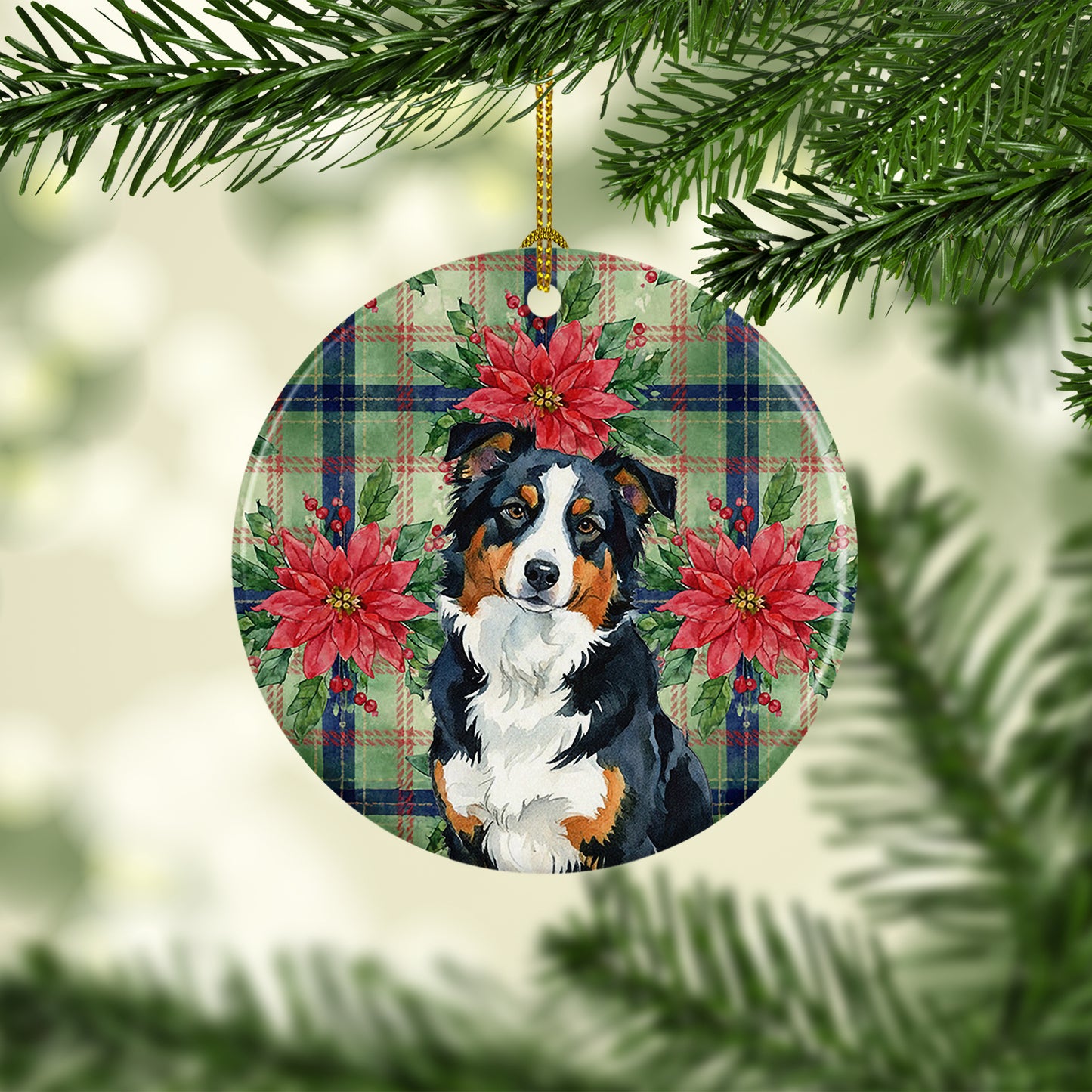Black Tri American Shepherd Christmas PoinsettIas Ceramic Ornament