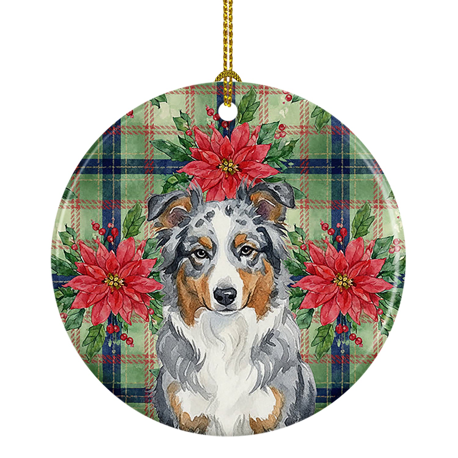 Buy this Blue Merle American Shepherd Christmas PoinsettIas Ceramic Ornament