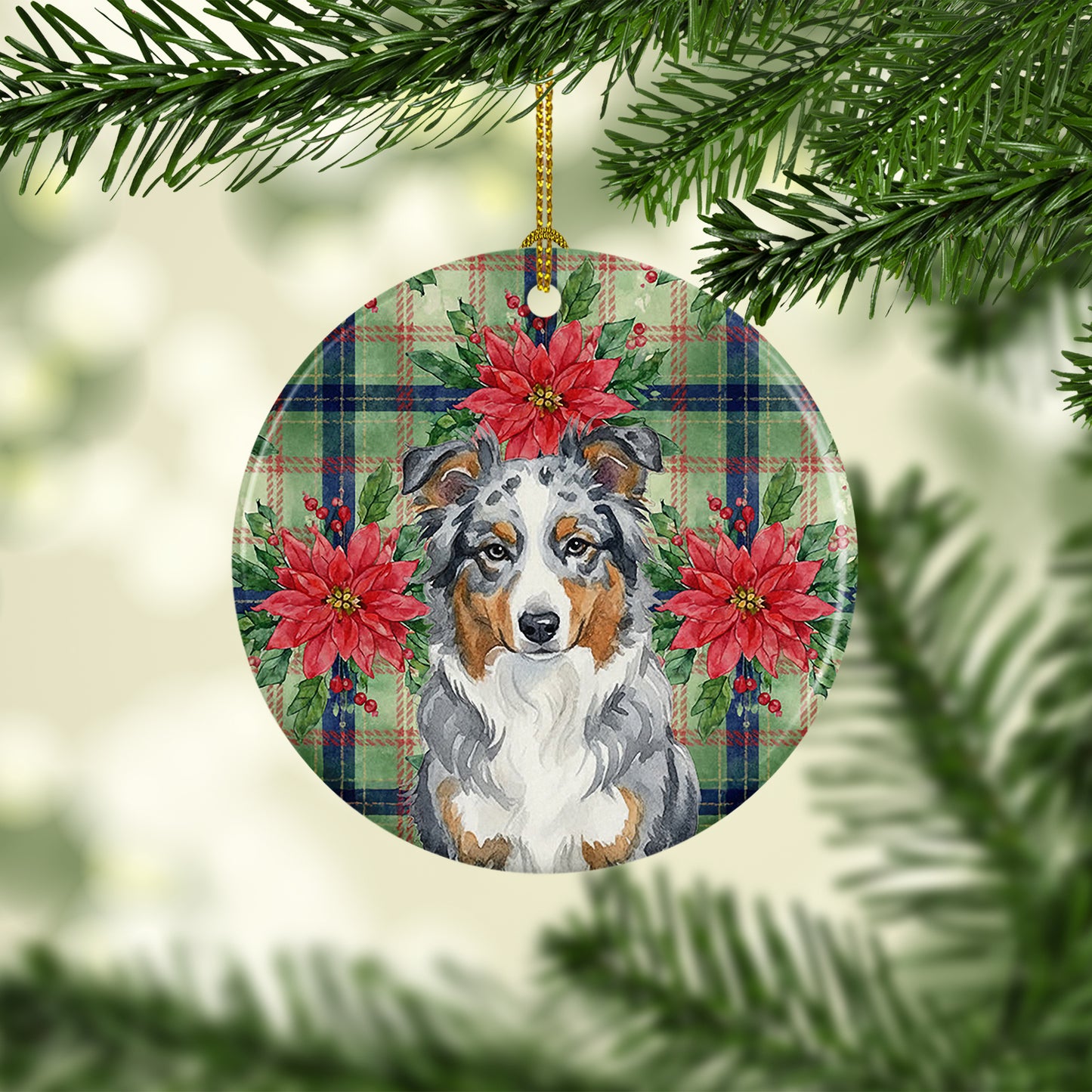 Blue Merle American Shepherd Christmas PoinsettIas Ceramic Ornament