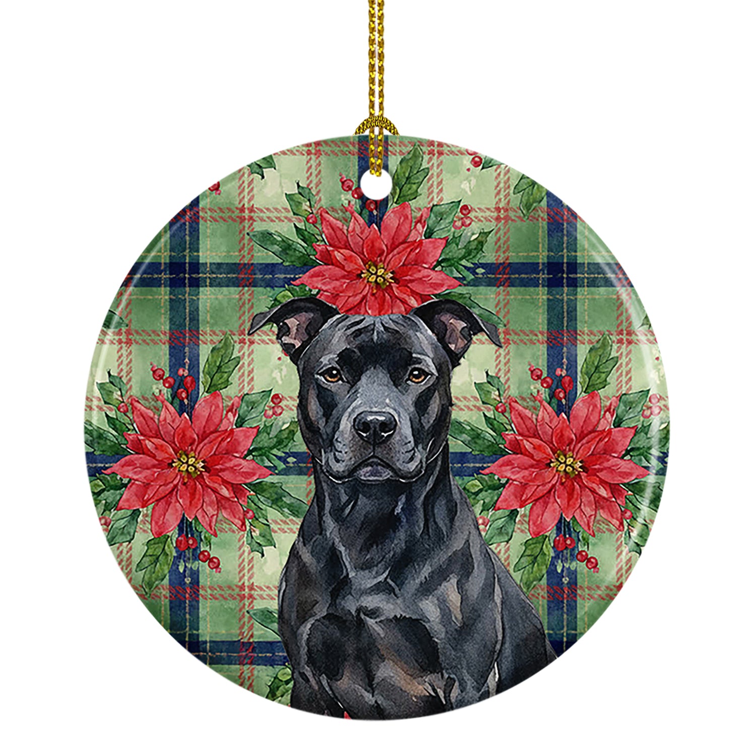 Buy this Black American Staffordshire Terrier Christmas PoinsettIas Ceramic Ornament