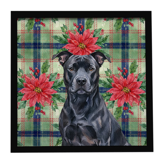 Buy this Black American Staffordshire Terrier Christmas PoinsettIas Framed Metal Print