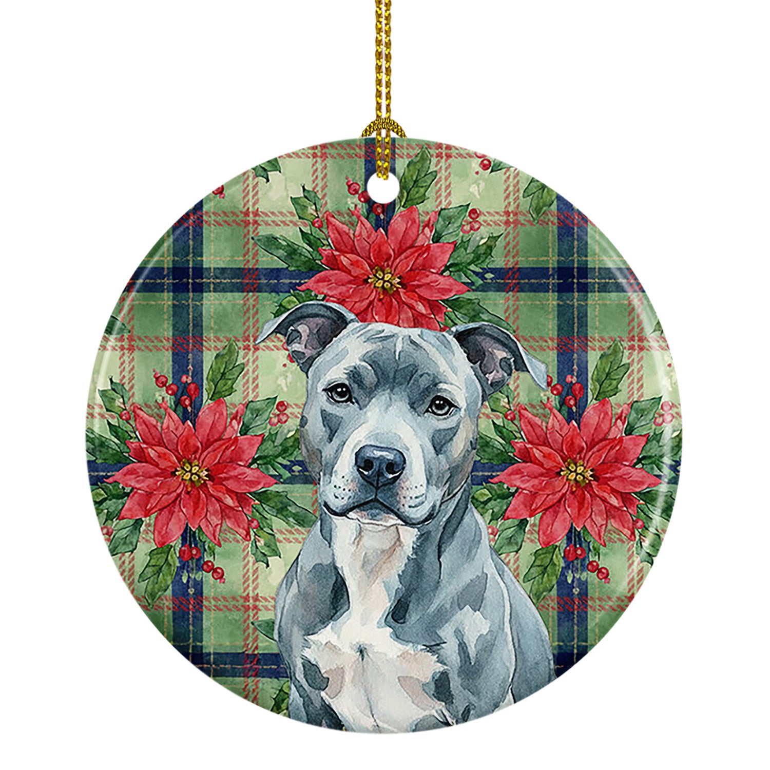 Buy this Blue American Staffordshire Terrier Christmas PoinsettIas Ceramic Ornament