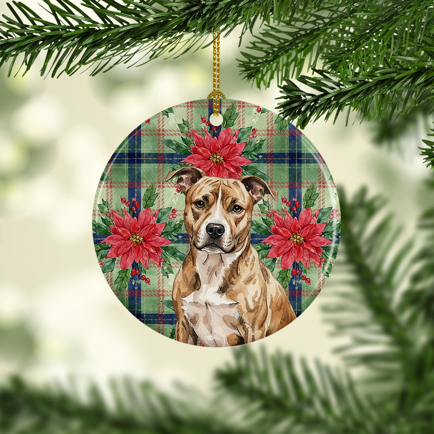 Brindle American Staffordshire Terrier Christmas PoinsettIas Ceramic Ornament